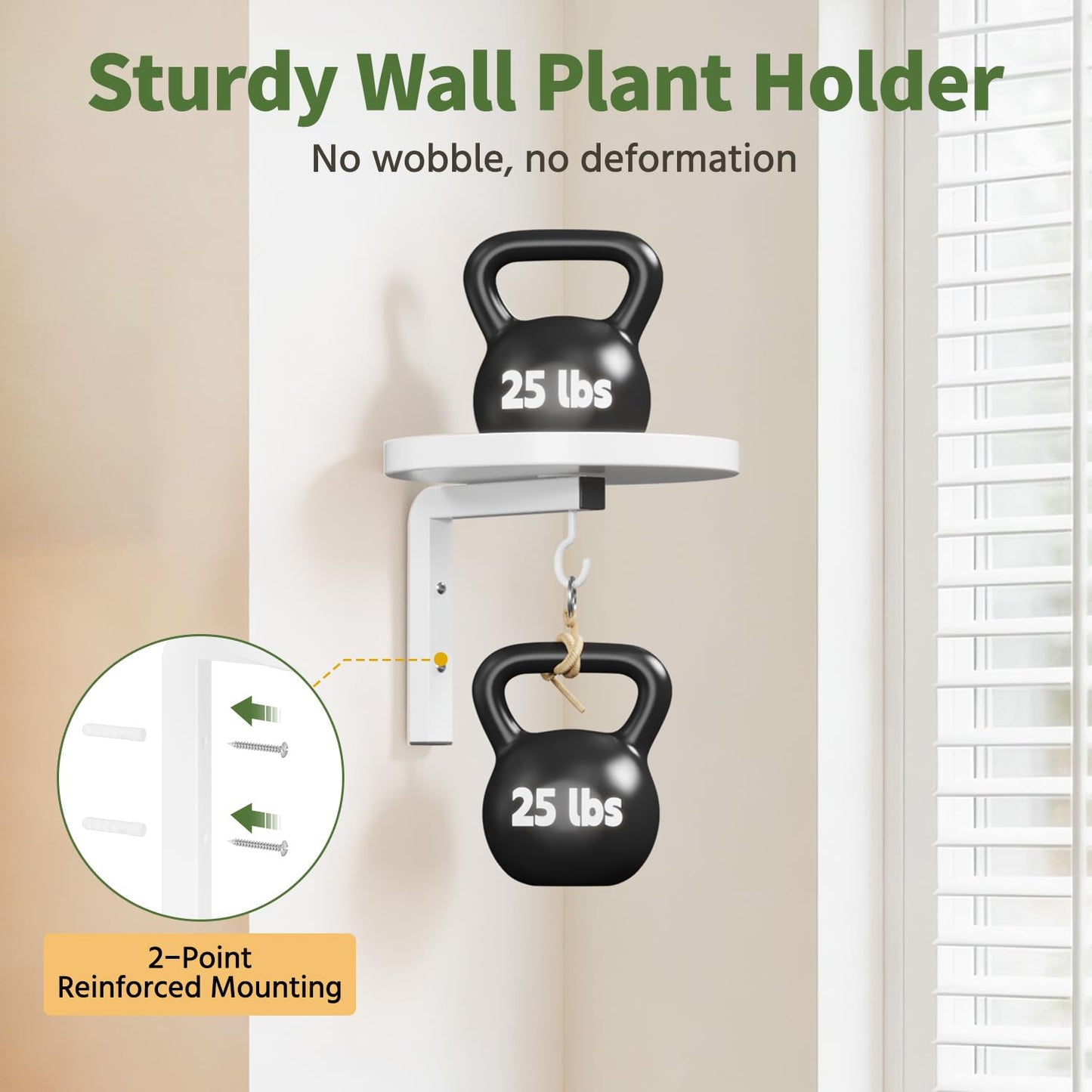 LASZOLA Plant Hangers Holder Wall Mounted Indoor, Metal Window Plant Shelves, 2Pcs Modern Floating Flower Display Stand with 2 Hooks for Outdoor Kitchen Bathroom Decor, White