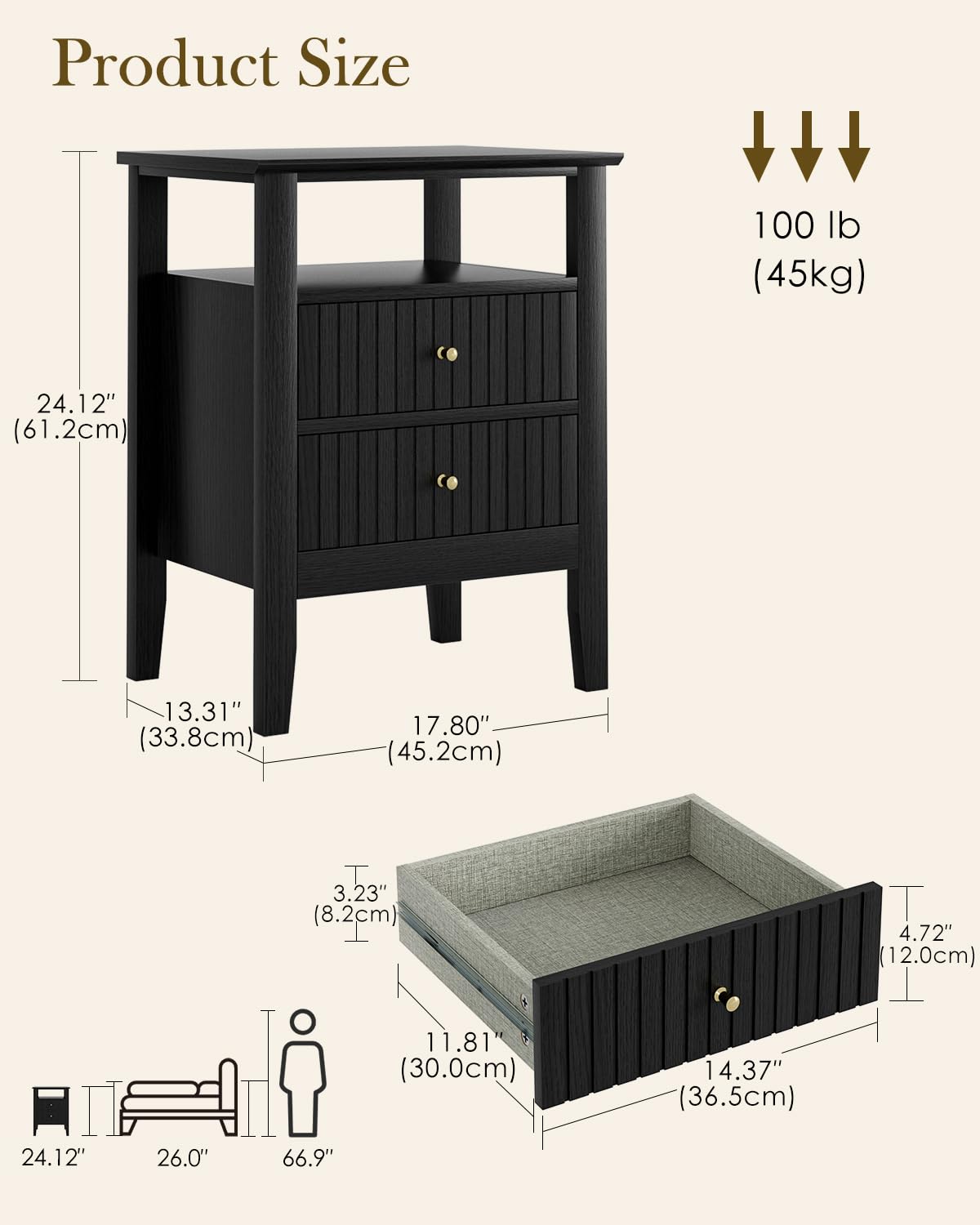 Apetaccat Fluted Nightstand, Farmhouse Night Stand with 2 Drawers, Mid Century Modern Side Accent Table,Bedside End Table for Bedroom, Living Room, Black