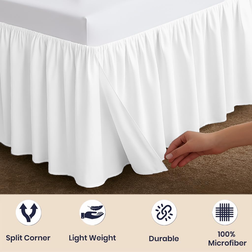 SGI Bedding 16 Inch Drop Ruffled Bed Skirt Cal King Size - Classic Gathered Styling, Platform Style Dust Ruffle with Secure Fit, Split Corners, Wrinkle-Resistant Microfiber - White