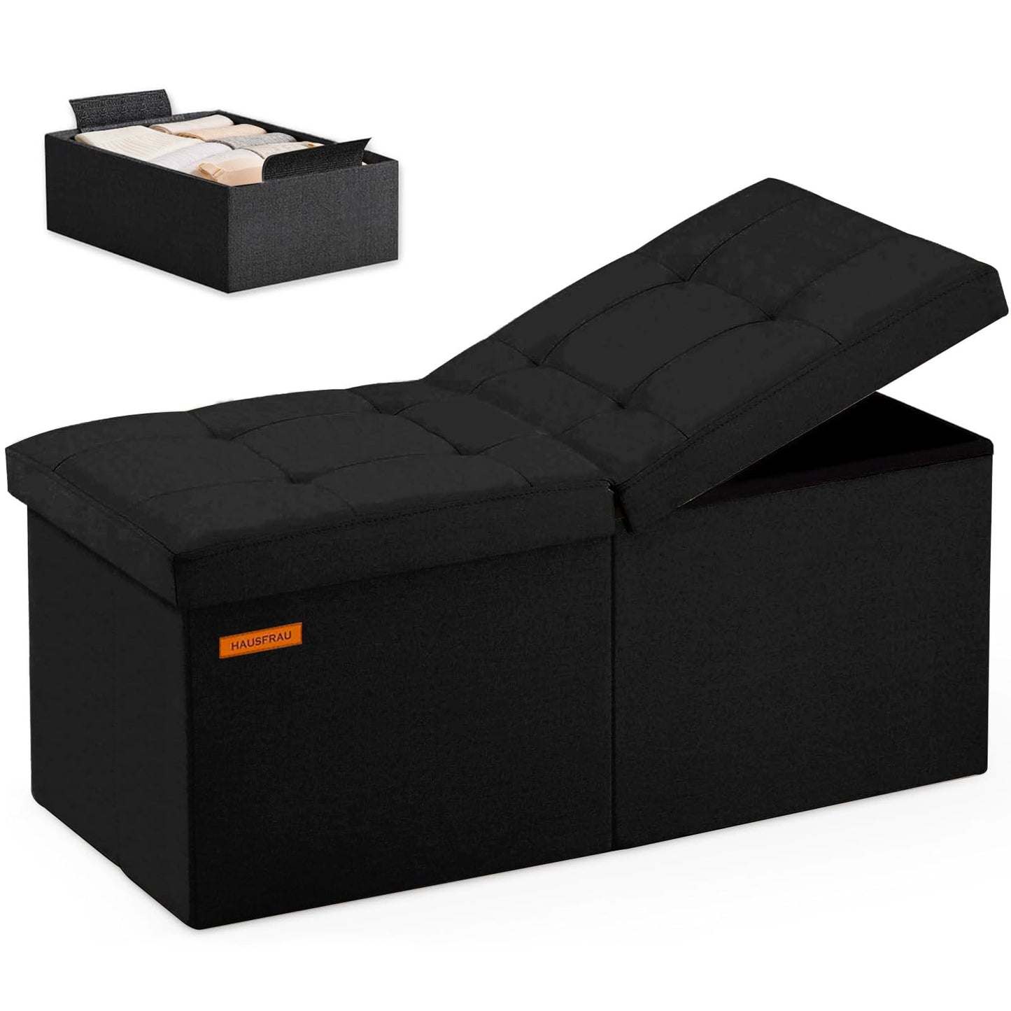 HAUSFRAU 31.5 Inches Ottoman with Storage, Folding Ottoman Bench Small Foot Rest Stool, Bedroom Bench with Flipping Lid, Linen Black