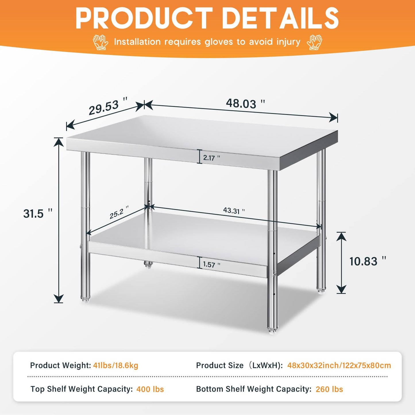 30" x 48" Stainless Steel Prep Table with Adjustable Under Shelf & Legs - Ideal for Commercial Kitchen, Restaurant, Hotel & Garage Workspaces