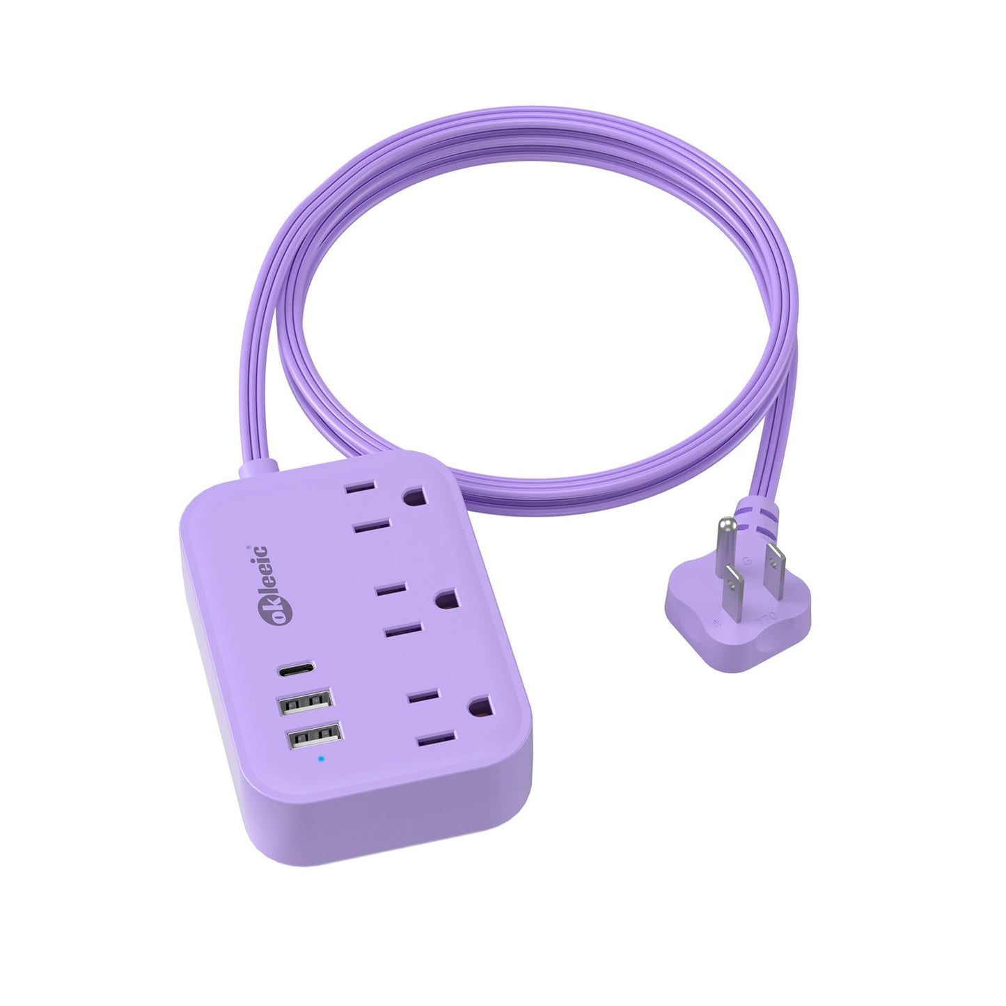 Purple Extension Cord with 3 Outlets & 3 USB(1 USB C), Cute Small Extension Cord 5ft, Travel Power Strip Flat Plug with USB Charging Station, Compact for Cute Purple Kawaii Lavender Desk Accessories