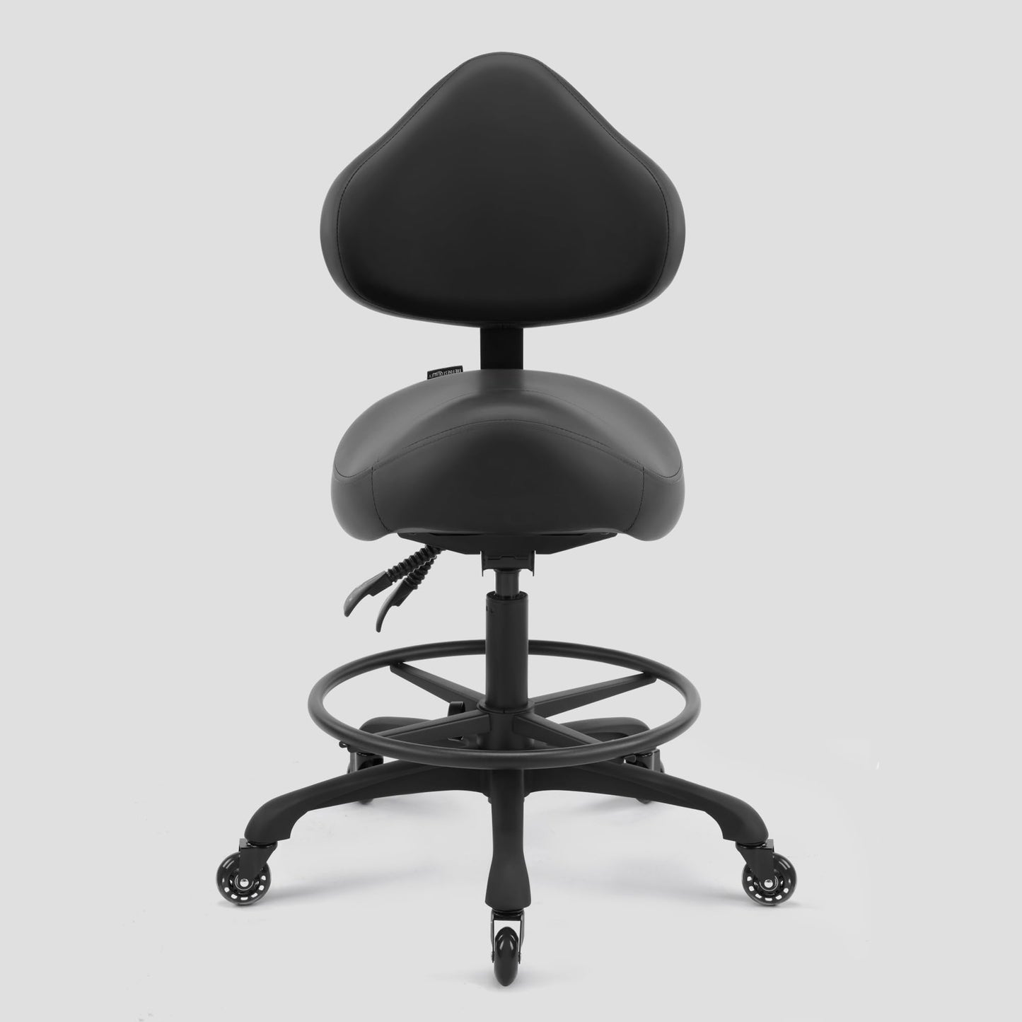 DR.LOMILOMI Pneumatic Swivel Rolling Saddle Chair with Wheels and Ergonomic Back Support for Hair Stylist, Dental Hygienist, Hygienic Clinic, Spa, Massage, Home, Office - Black Vinyl Leather - 510 KOA