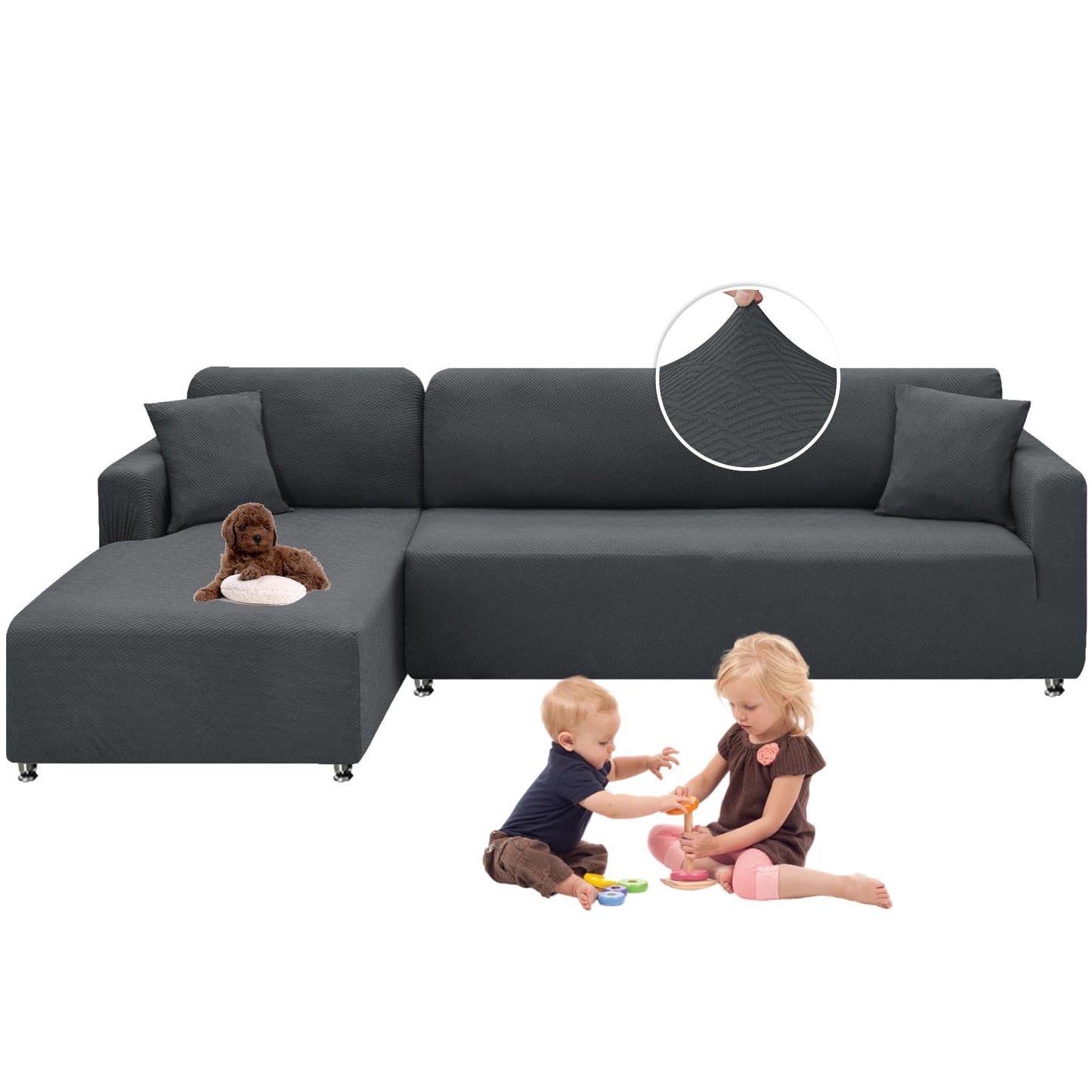 XINEAGE Sectional Couch Cover High Stretch L Shaped Sofa Cover 2 Pieces Non Slip Slipcover with Chaise Furniture Protector with 2 Pillowcases for Pets & Dogs (3 Seat Sofa + 3 Seat Chaise, Dark Gray)