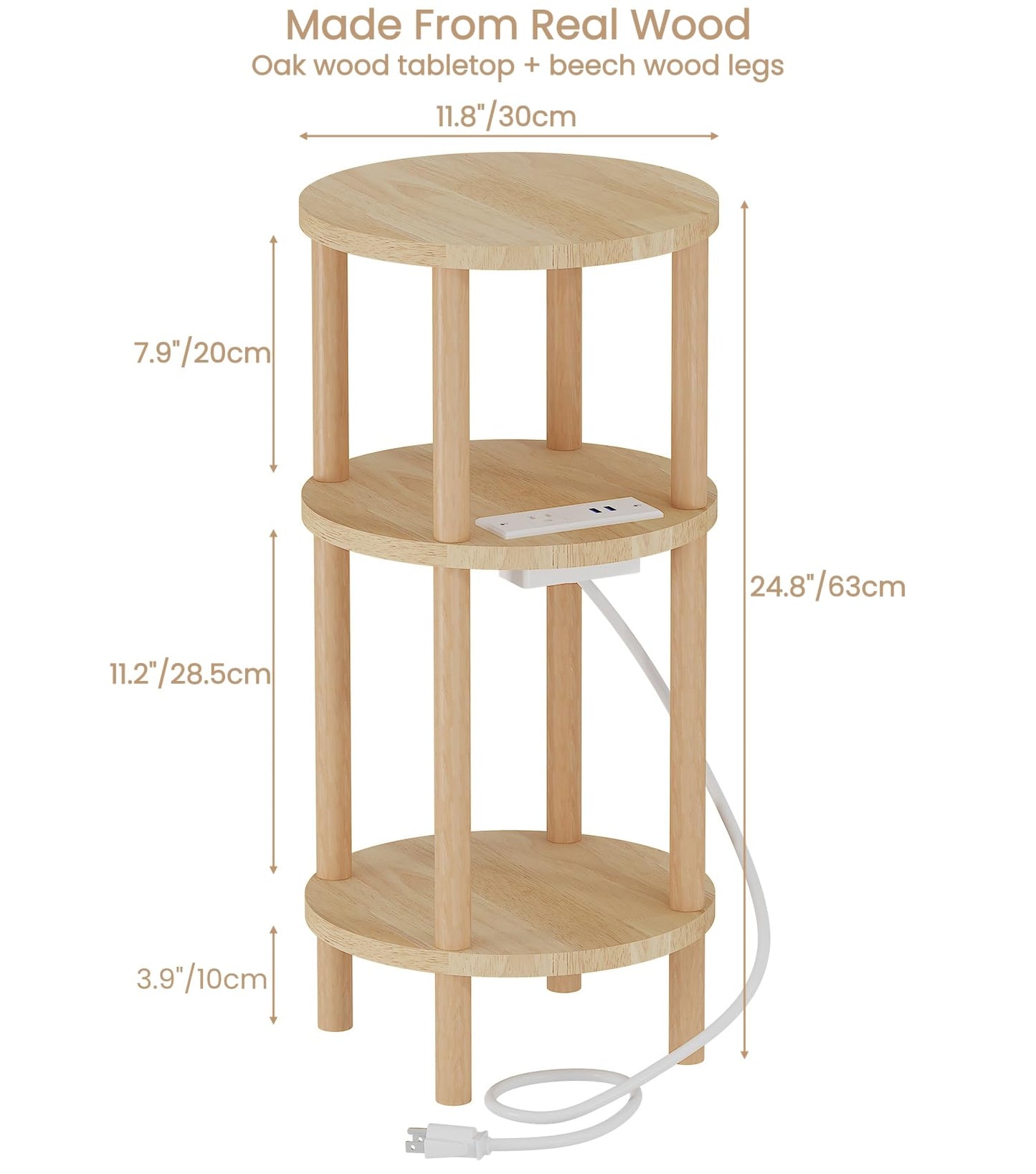 LUCKNOCK Small Round Side Table with Charging Station, 3-Tier Solid Wood End Table, Narrow Compact Sofa Bedside Table for Small Spaces, Easy Assembly for Living Room, Bedroom, Apartment (Natural)