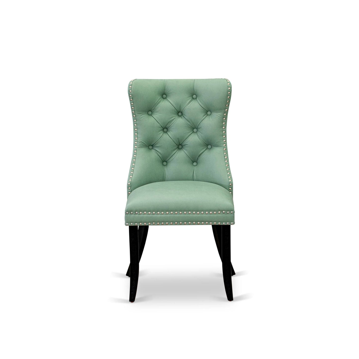 East West Furniture DAP6F22 Dallas Parson Dining Room Chairs - Button Tufted Nailhead Willow Green Polyester Fabric Padded Chairs, Set of 2, Wirebrushed Black