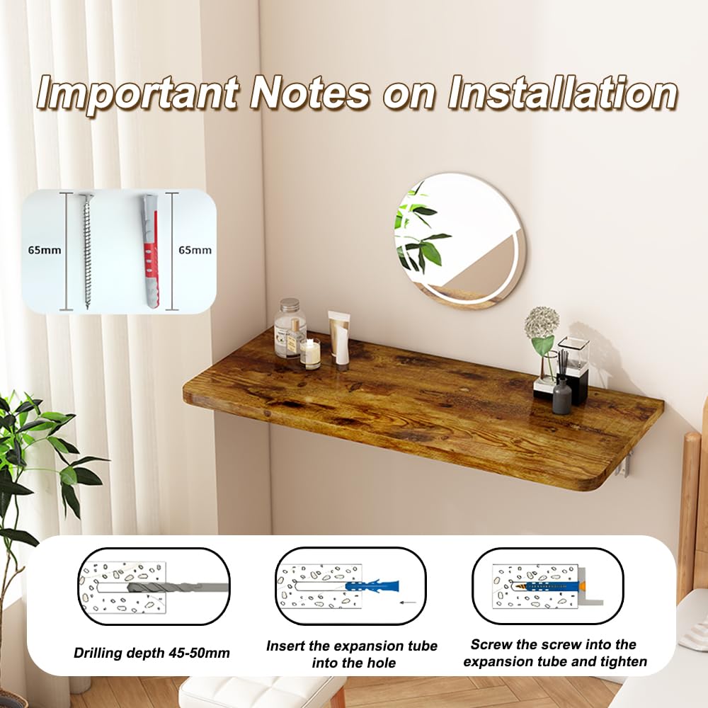 CYGJSYEA Rustic Wall Mounted Folding Table, Solid Wood Floating Desk with Stainless Steel Brackets, Space Saving Shelf for Home Office, Kitchen, Dining, Laundry Room (60X40cm / 23.63"X15.75")