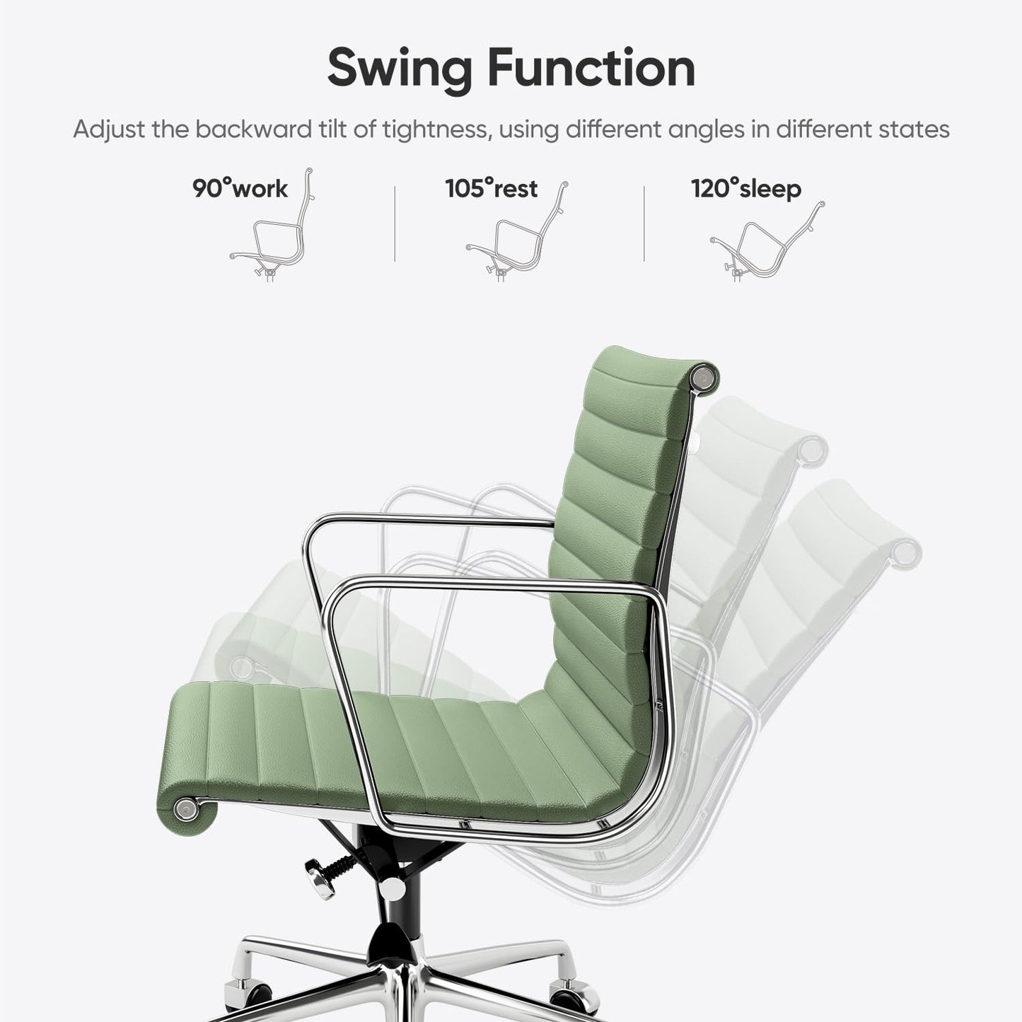 OTDMEL Ribbed Office Chair with Top Grain Leather - Mid Back Ergonomic Desk Chair with Aluminum Arms & Frame, Swivel Wheels & Tilt Function, Adjustable Height Light Green
