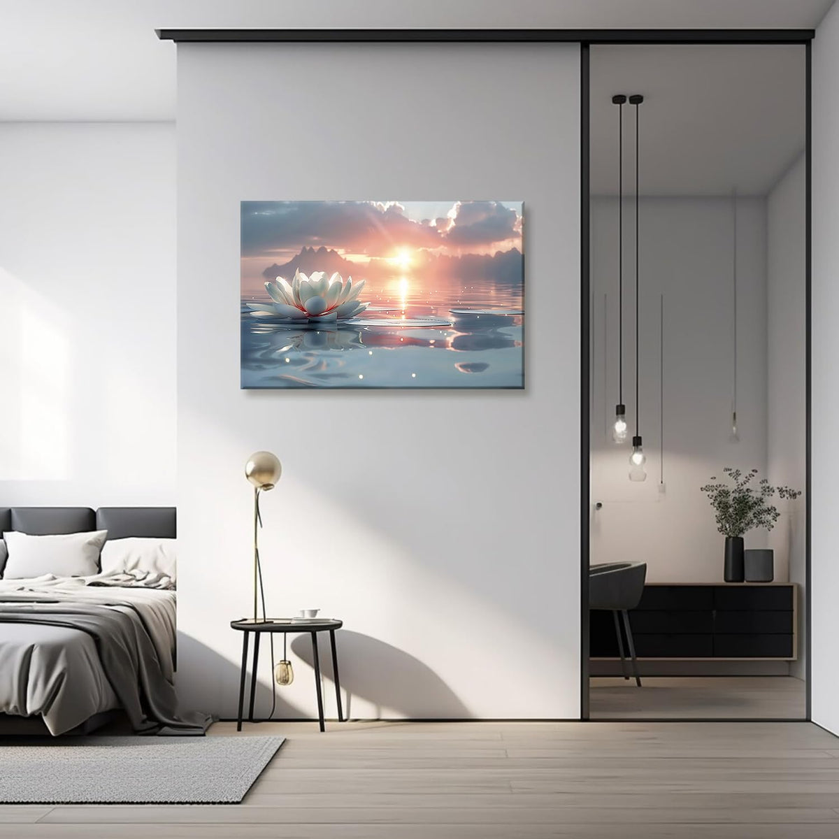 Zen White Lotus Wall Art Sunrise Meditation Canvas Wall Decor Spa Yoga Still Life Painting Prints Relaxing Spiritual Just Breathe Aesthetic Posters Pictures Modern Spiritual Inspiration Framed
