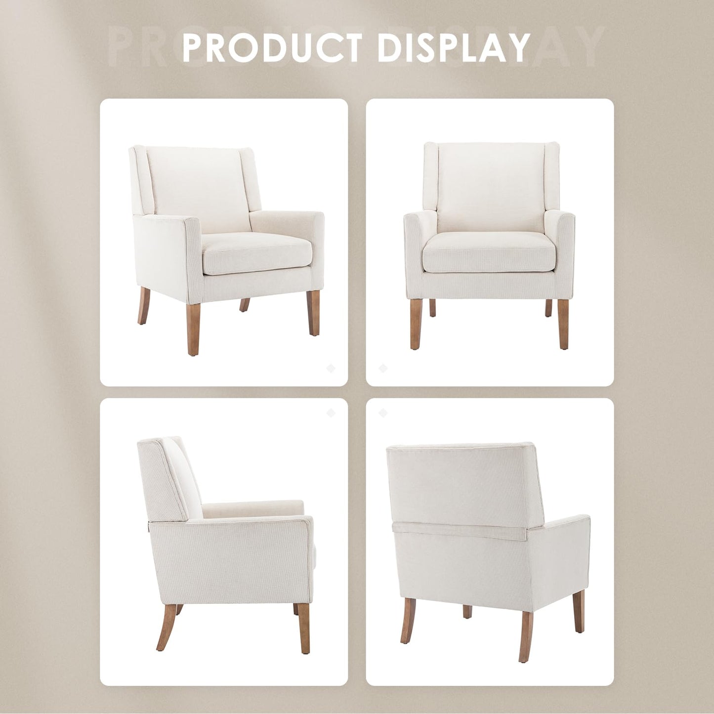 COLAMY Modern Wingback Living Room Chair Set of 2, Upholstered Fabric Accent Armchair, Single Sofa Chair with Lounge Seat and Wood Legs for Bedroom/Office/Reading Spaces, Beige