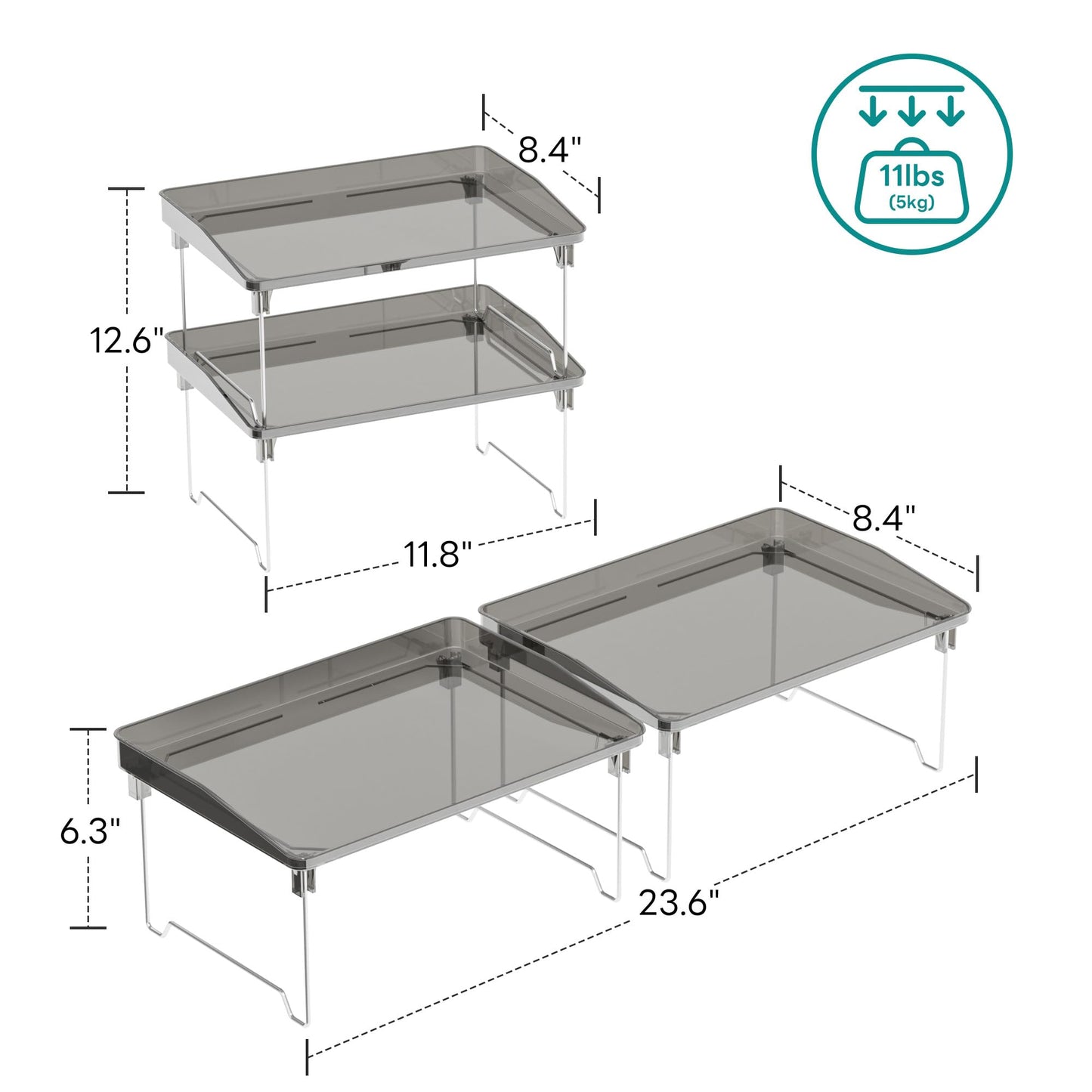 STARLATTA 2 Pcs Cabinet Organizer Shelf，Stackable Kitchen Counter Shelves, Spice Rack,Countertop Organizers，Black Plastic Storage Shelves Rack for Makeup，Bathroom, Cupboard，Desk，Pantry Organization