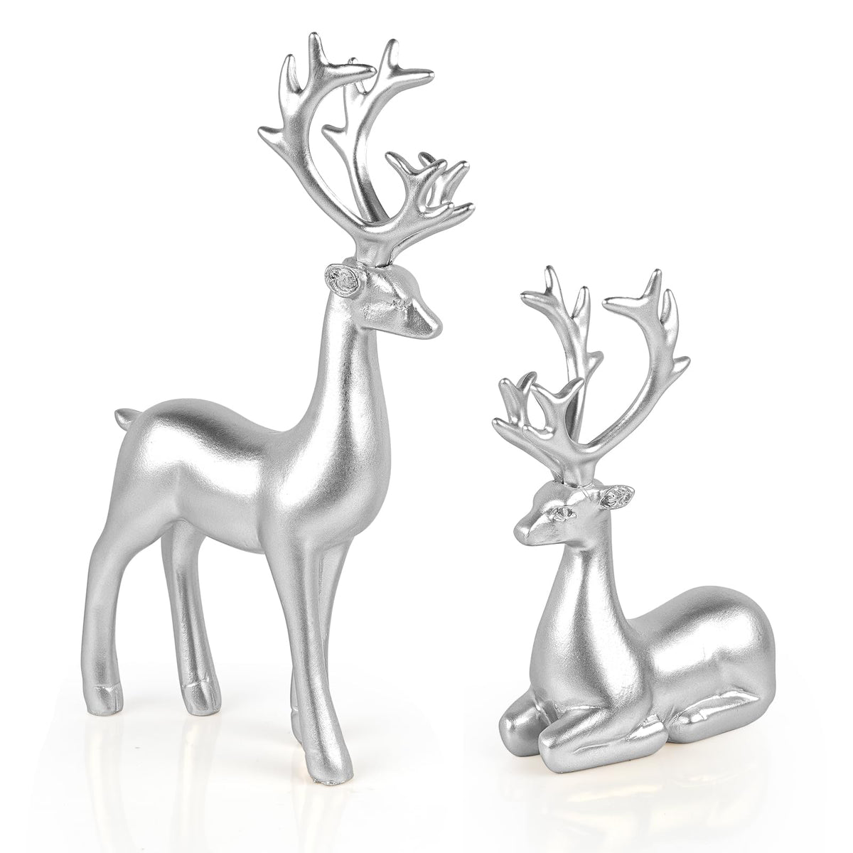 Bonlting 2 Pcs Christmas Reindeer Sculpture, Resin Elk Statues Deer Decorations for Home, Office, Bookshelf TV Stand, Living Room (Silver)