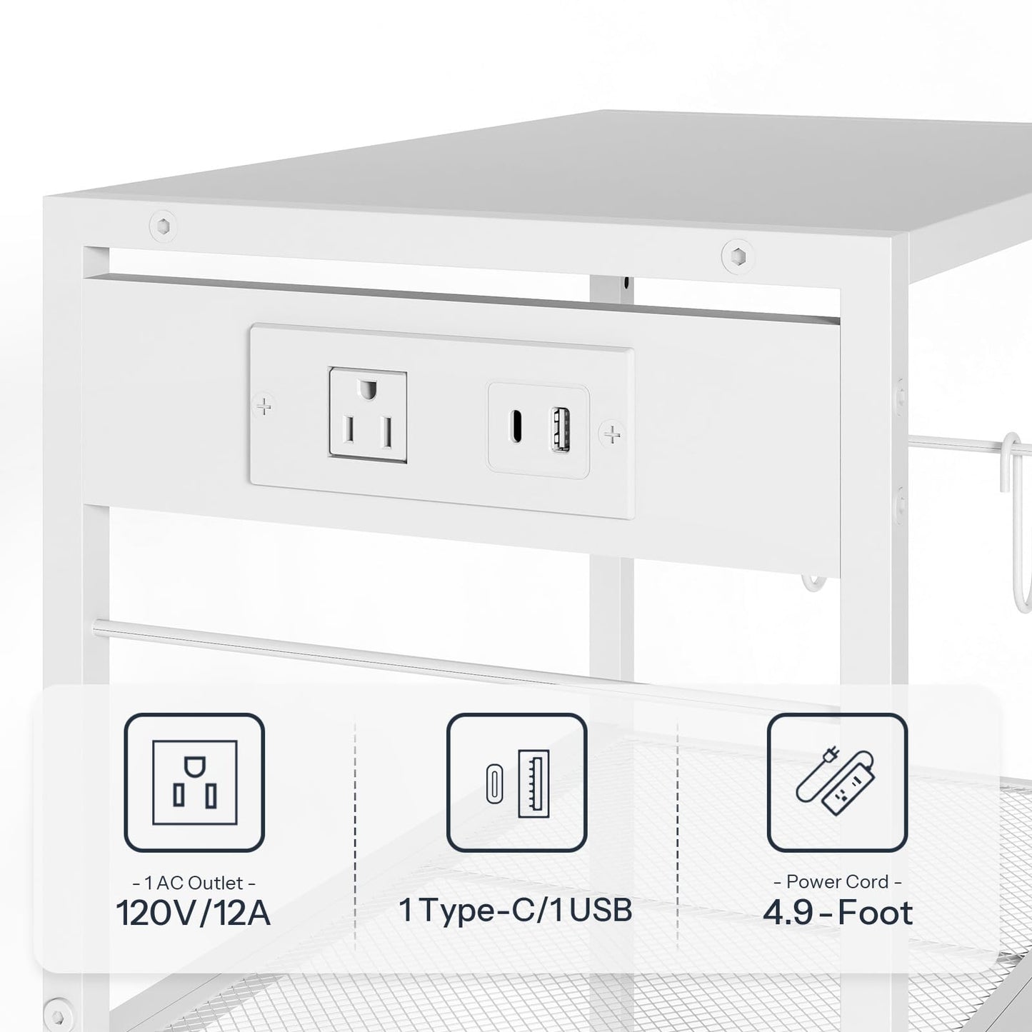 HOOBRO Industrial Printer Stand, 3-Tier Mobile Printer Table, Rolling Cart with Power Outlets and USB Ports, Home Printer Stand with 2 Hooks, for Office, Living Room, White WW22UPS01