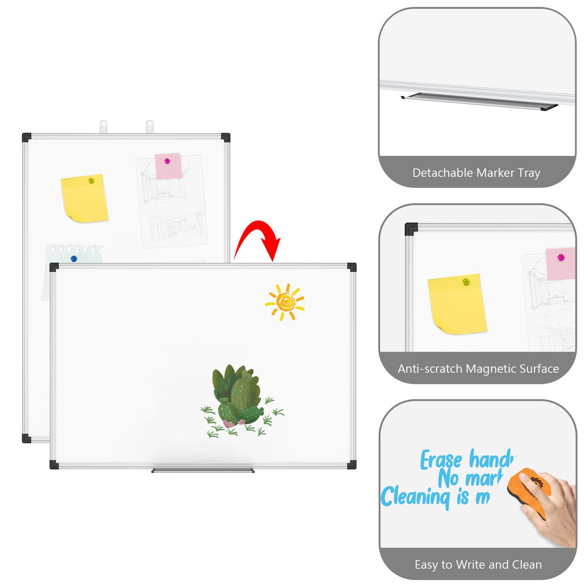XBoard Magnetic Whiteboard 36 x 24 Inch, Hanging Dry Erase Board with Aluminium Frame & Marker Tray 3' x 2' | Wall Mounted Magnetic White Board for Home School Office