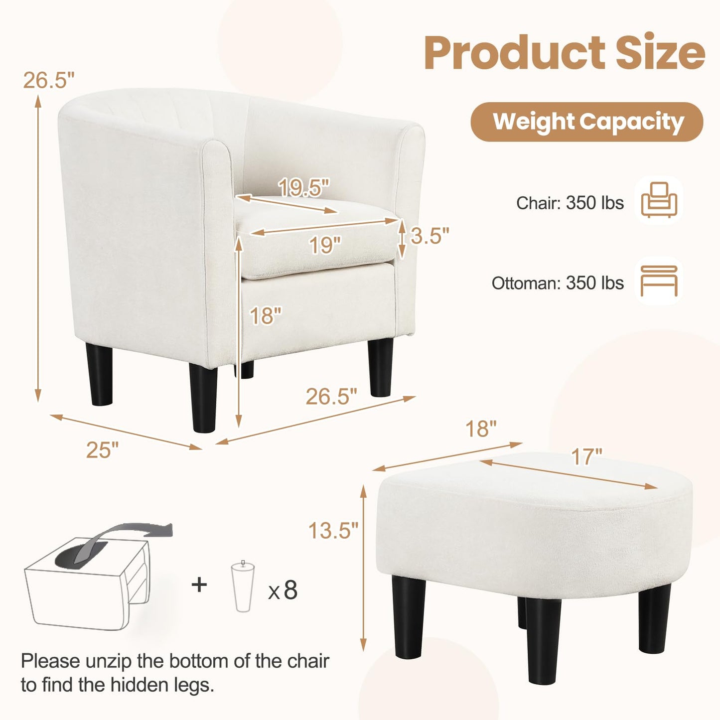 KOMFOTT Accent Chair with Ottoman, Upholstered Teddy Velvet Barrel Chair with Footrest, Comfy Club Sofa with Curved Backrest, Thick Seat Cushion, Modern Arm Chair for Living Room, Bedroom, Beige