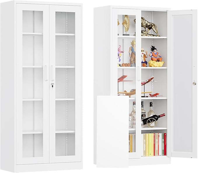 Locking Display Cabinet with Glass Door, 71”H Metal Curio Cabinets with