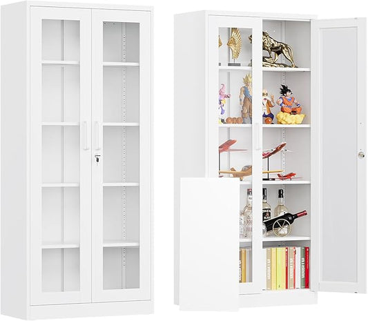 Locking Display Cabinet with Glass Door, 71”H Metal Curio Cabinets with