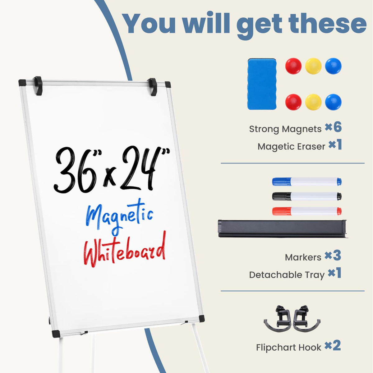 DUMOS White Board Easel 36 x 24 Inches, Magnetic White Board Dry Erase, Porbable Boards Height Adjustable, Dry Erase Board with Stand for School, Office and Home, Silver Aluminium Frame, White