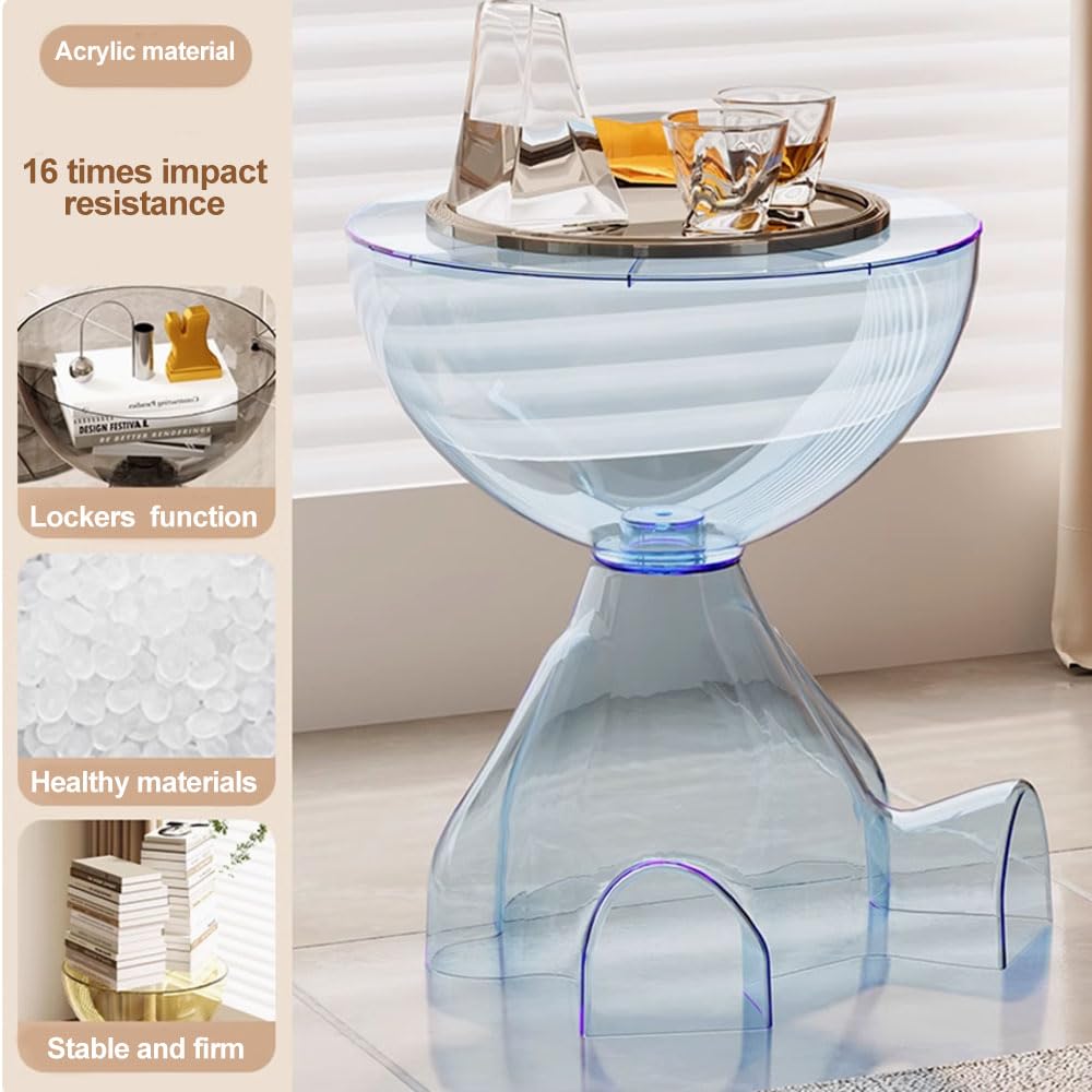 Side Table, Circle Coffee Tables, Sofa Table Nightstand, Small End Tables Accent Balcony Office, Modern Bedside Home Decor for Living Room, Bedroom, Small Spaces, Easy Assembly (Transparent Blue)