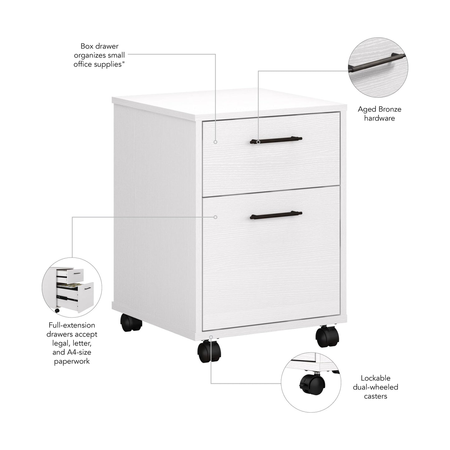 Bush Furniture Key West Rolling File Cabinet,File Cart for Home Office in Pure White Oak,2 Drawer File Cabinet on Wheels