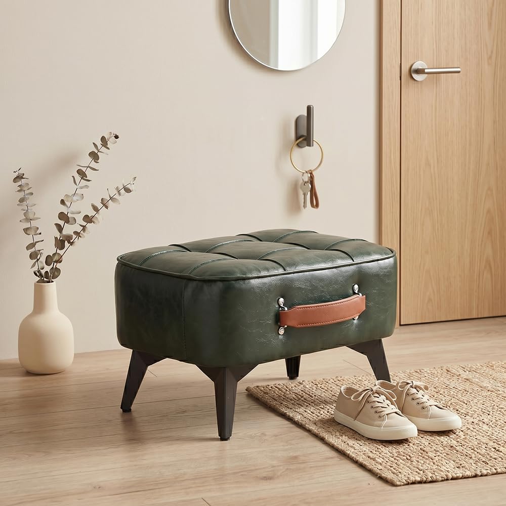 Vintage Style Faux Leather Ottoman Footstool - Wooden Frame, Upholstered Interior, Multi-Use Footrest for Living Room, Entryway, Office (Green Black)