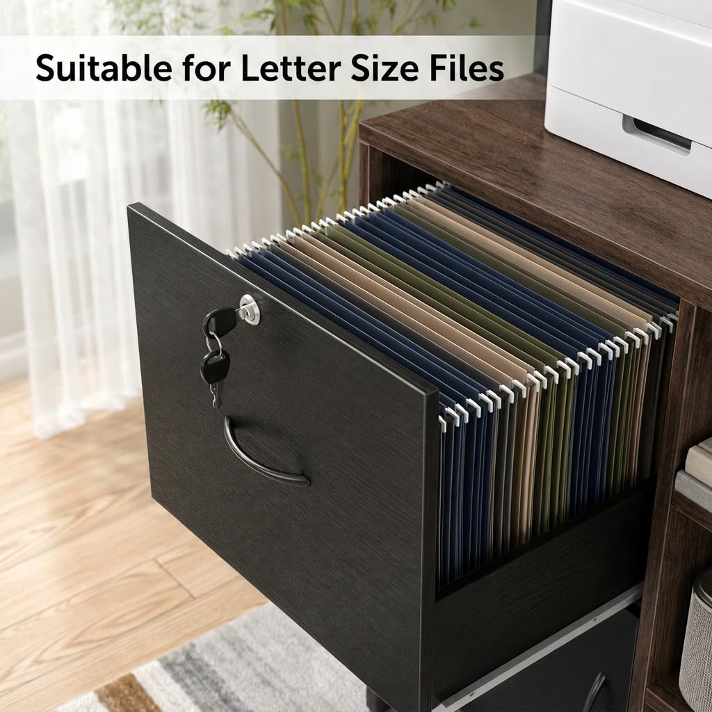 Homieasy Vertical Filing Cabinet with Lock & Charging Station, Large Drawer Wood File Cabinet with Bookshelf, Printer Stand with Open Storage Shelf, fits Letter Size for Home Office, Black and Walnut