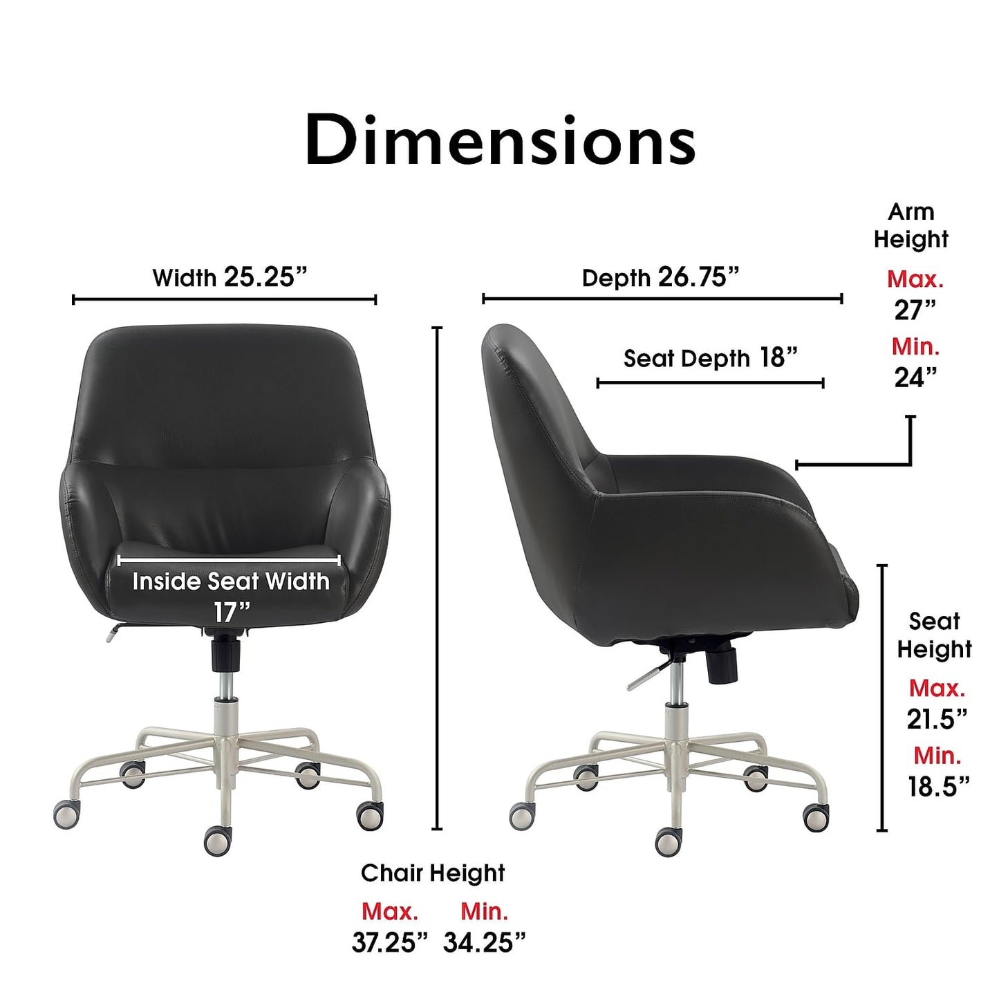 Tommy Hilfiger Forester Luxury Bonded Leather Home Office Chair, Modern Round Swivel Accent Seating with Arms, Adjustable Height and Recline, Charcoal Grey