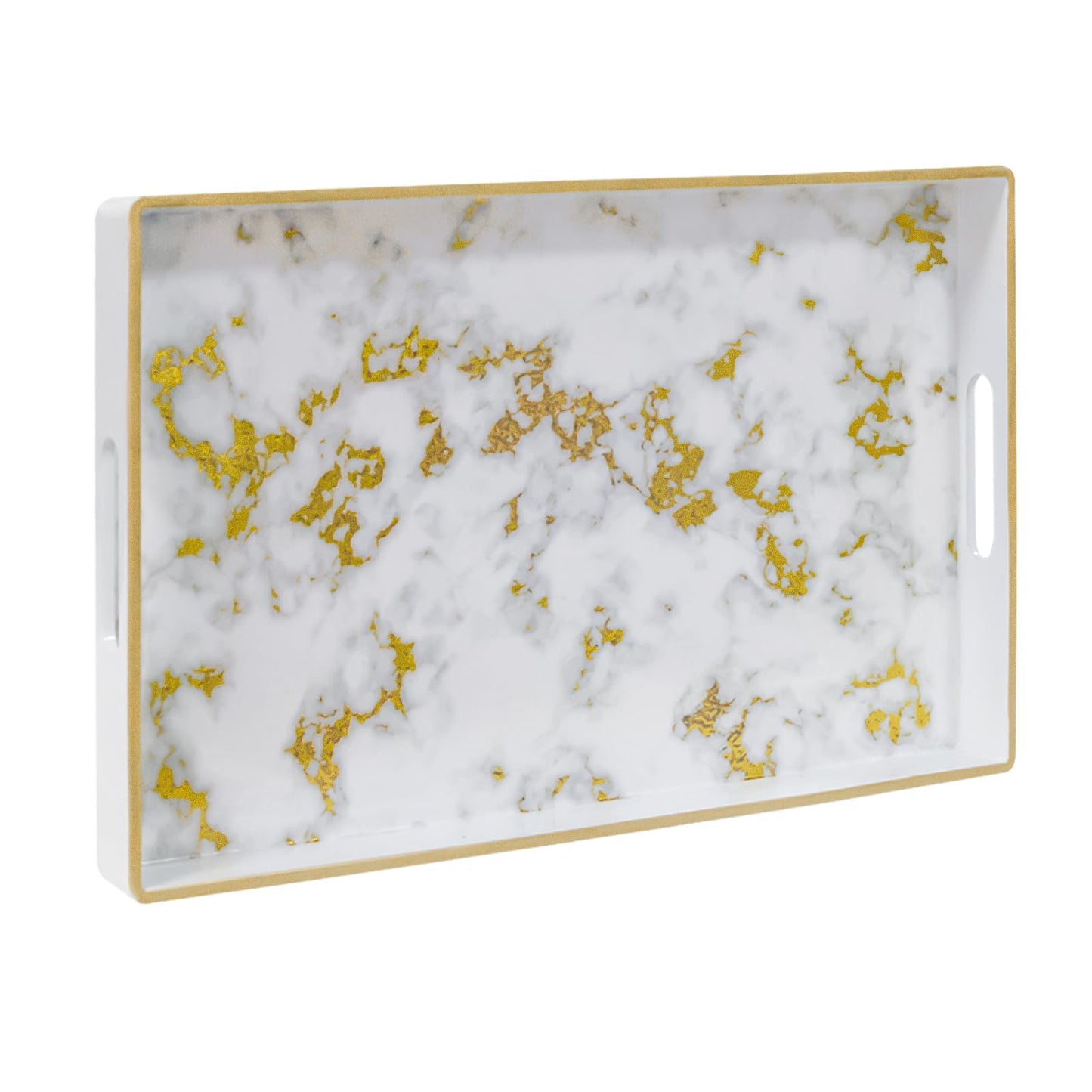 MAONAME White Decorative Tray with Handles, Plastic Serving Tray for Coffee Table, Marbling Rectangular Trays for Ottoman, Bathroom, Storage, 15.8" Lx 10.2" W X 1.4" H