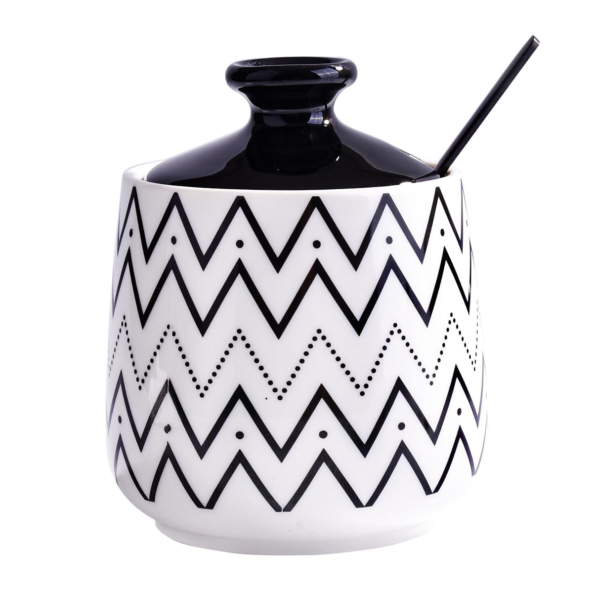 Cerficer Ceramic Sugar Bowl with Lid and Spoon, Decorative Sugar Jar for Coffee Bar, Modern Black Chevron Zigzag Pattern Salt Cellar, Chic Kitchen Storage or Decor