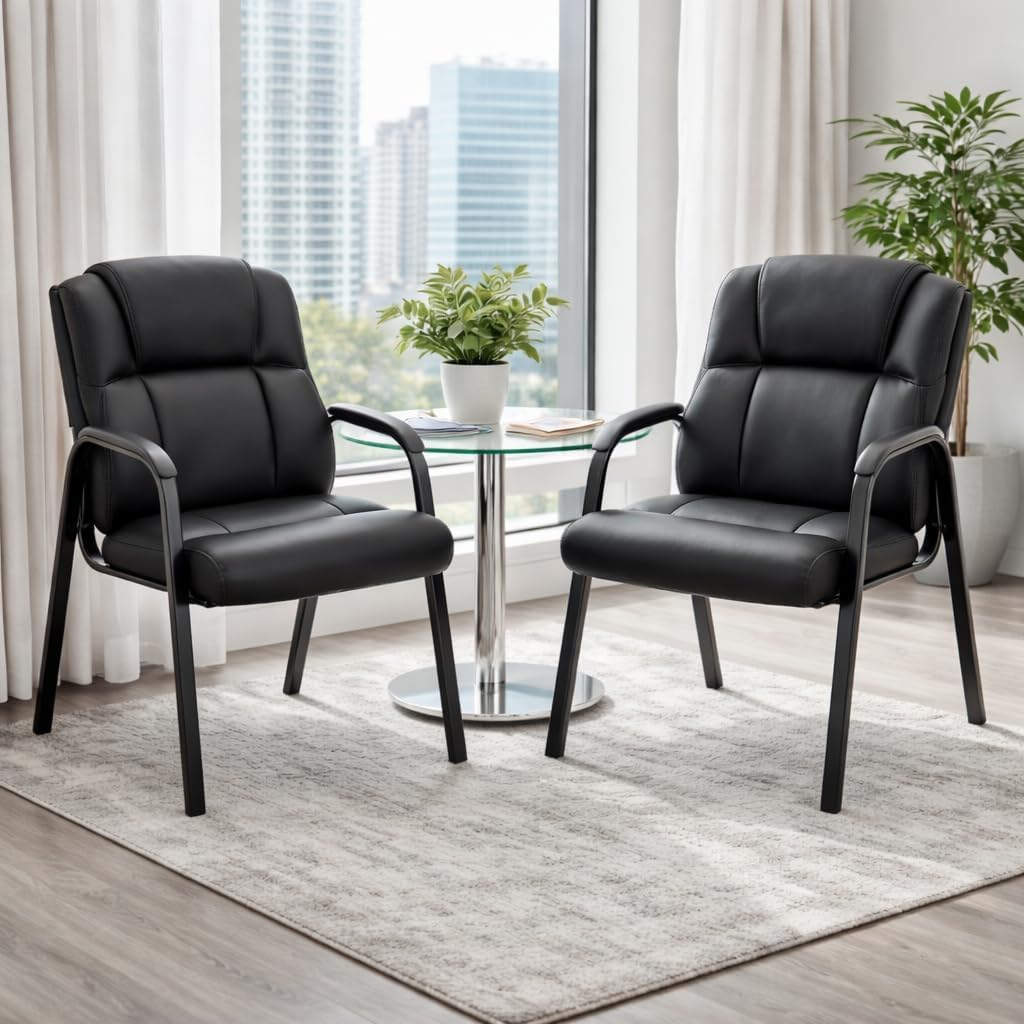 Kindbear PU Leather Waiting Room Chair Set of 4, Office Guest Reception Seating with Padded Arms, Stationary Conference Table Chair for Lobby Clinic Home Desk Bedroom,Black