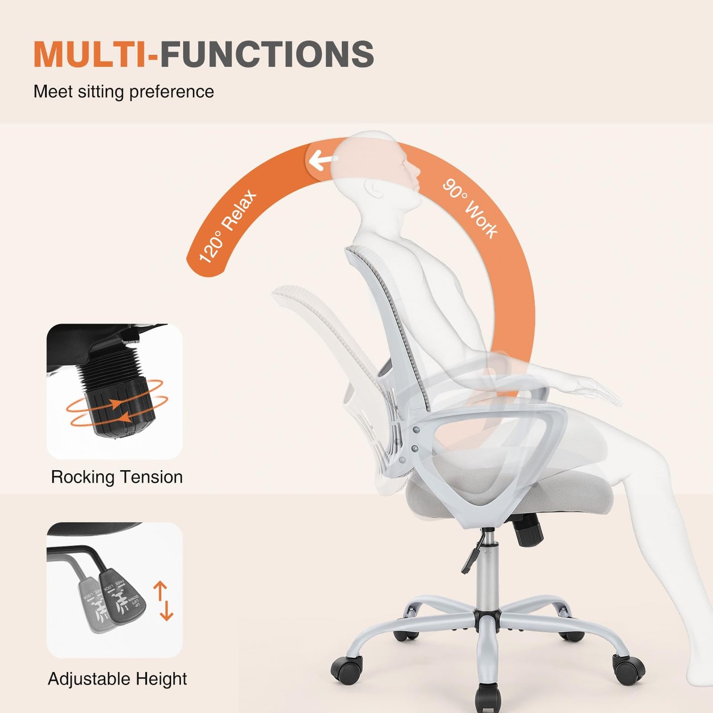 Sweetcrispy Ergonomic Mid-Back Mesh Home Office Desk Chair with Wheels, Managerial Executive Chair with Lumbar Support, and Comfortable Armrests for Home, Bedroom, Study, Office, Grey