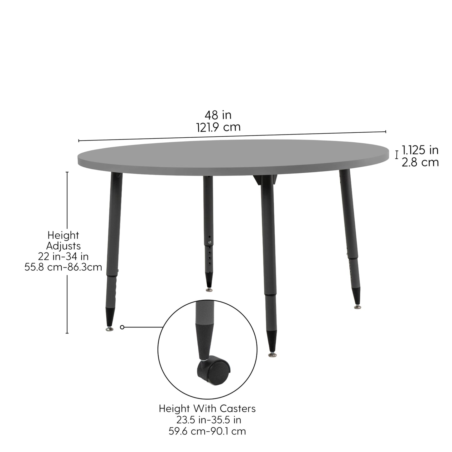 Adapte Commercial Classroom Activity Table - 48" Round, ADA Compliant Tapered Legs with Glides & Casters, Adjustable Height 22-34" Wheelchair Accessible, School & Office Furniture