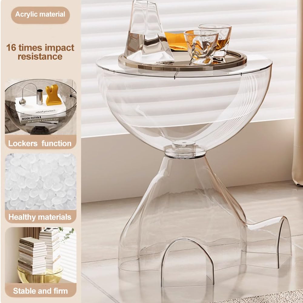 Side Table, Circle Coffee Tables, Sofa Table Nightstand, Small End Tables Accent Balcony Office, Modern Bedside Home Decor for Living Room, Bedroom, Small Spaces, Easy Assembly (Transparent White)
