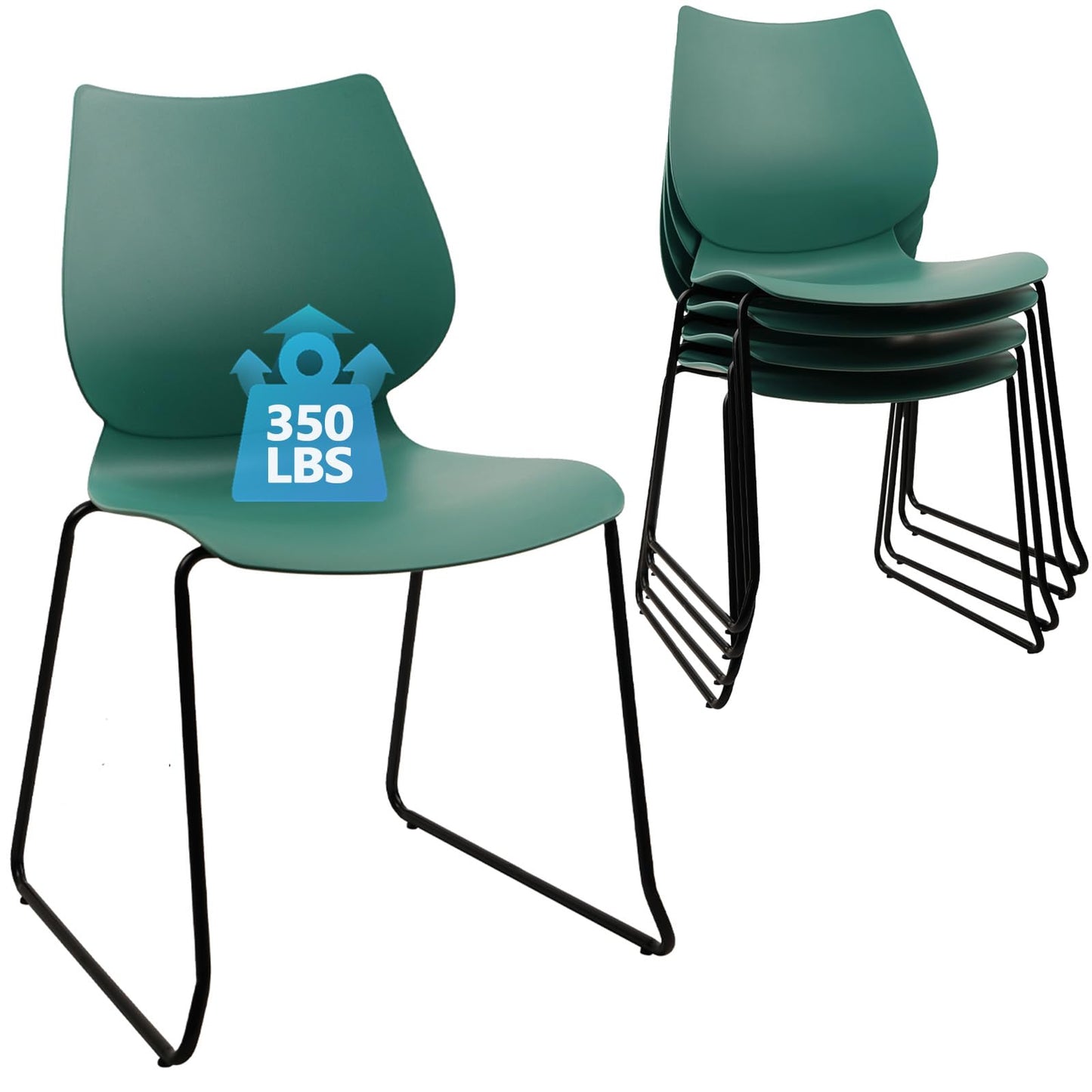 KLASIKA Stackable Waiting Room Chair, Stacking Office Chair with Ergonomic Lumbar Support and Metal Legs, Plastic Desk Chairs for Conference School Church Guest Reception Set of 4, Green