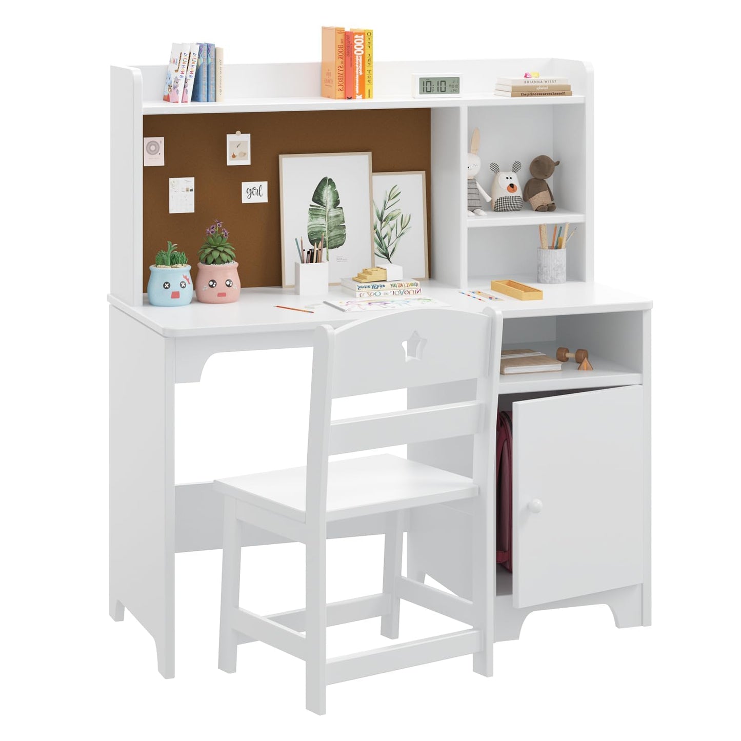 GarveeHome Kids Desk & Chair Set with Hutch, Storage Cabinet, Wooden Children Student Writing Table Computer Workstation for Kids Bedroom & Study Room