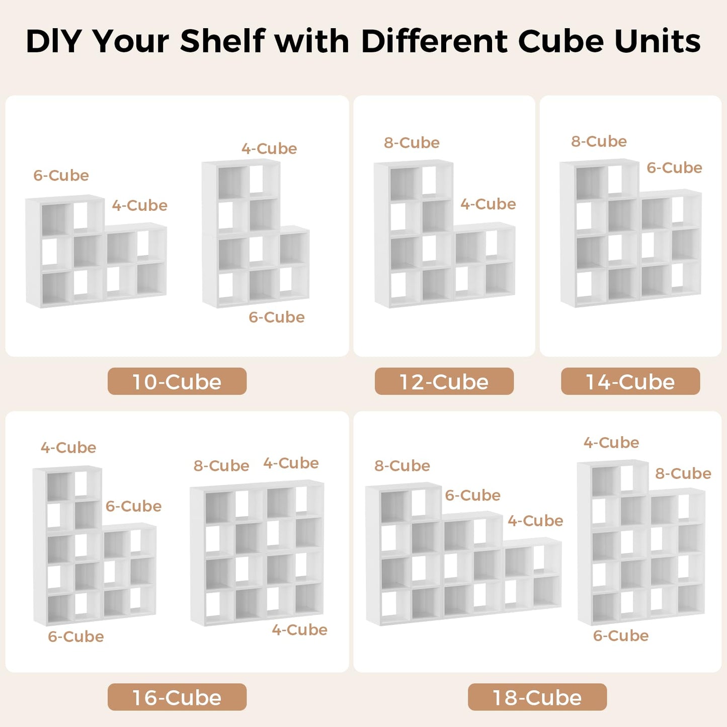 LUCKLIFE 8-Cube Storage Organizer, Stackable Modular Bookcase Shelf with Vertical or Horizontal Use, Fits 11×11" Bins, Optional Back Panels, for Living Room, Office, Off White