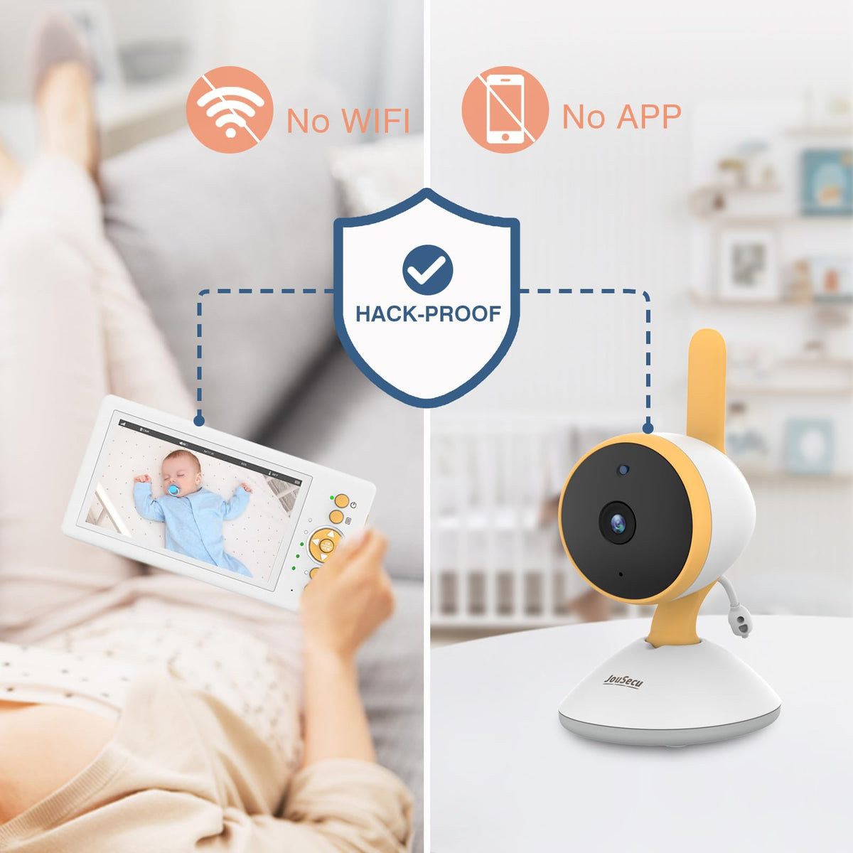 JouSecu Baby Monitor No WiFi, 5" 720P HD Screen Baby Monitor with Camera and Audio with 30hrs Long Battery Life, Baby Camera Monitor Two-Way Talk, VOX, Infrared Night Vision, Temperature Monitoring