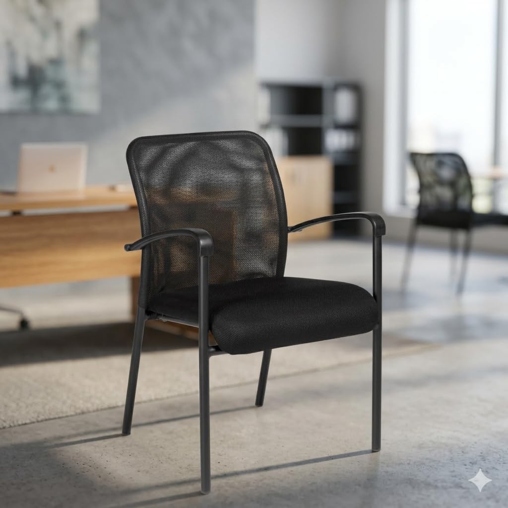 Heavy Duty Mesh Back Guest Chair, Breathable Mesh Seat, Waterfall Edge, Molded Arms, Black Four Leg Frame, GREENGUARD Certified Office Chair