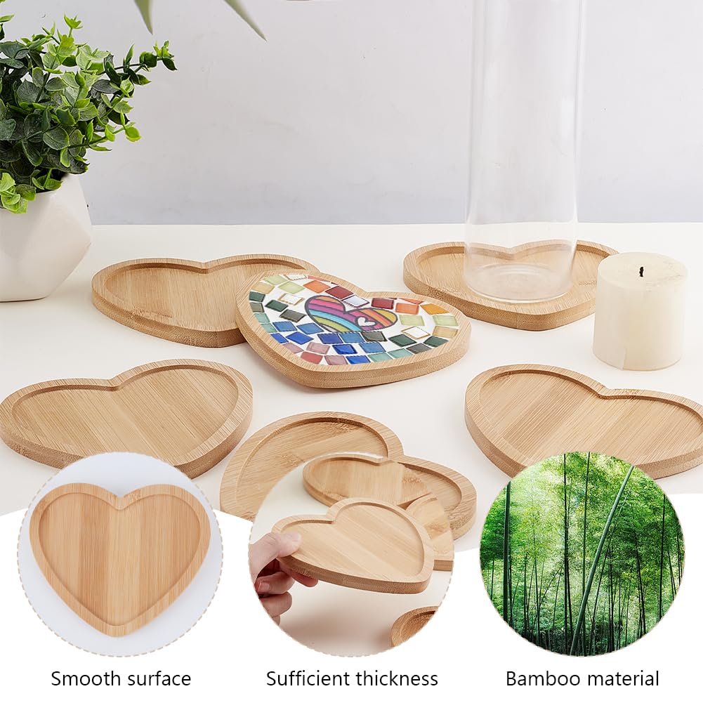 WEBEEDY 8 Pcs Heart Shape Bamboo Coasters Blank Coaster Base Fillable DIY Mosaic Tray Crafts, Plate Ornaments for Home Decor Tabletop Mosaic Coaster Making Craft Wedding Valentine's Day Gift, 5.3 Inch