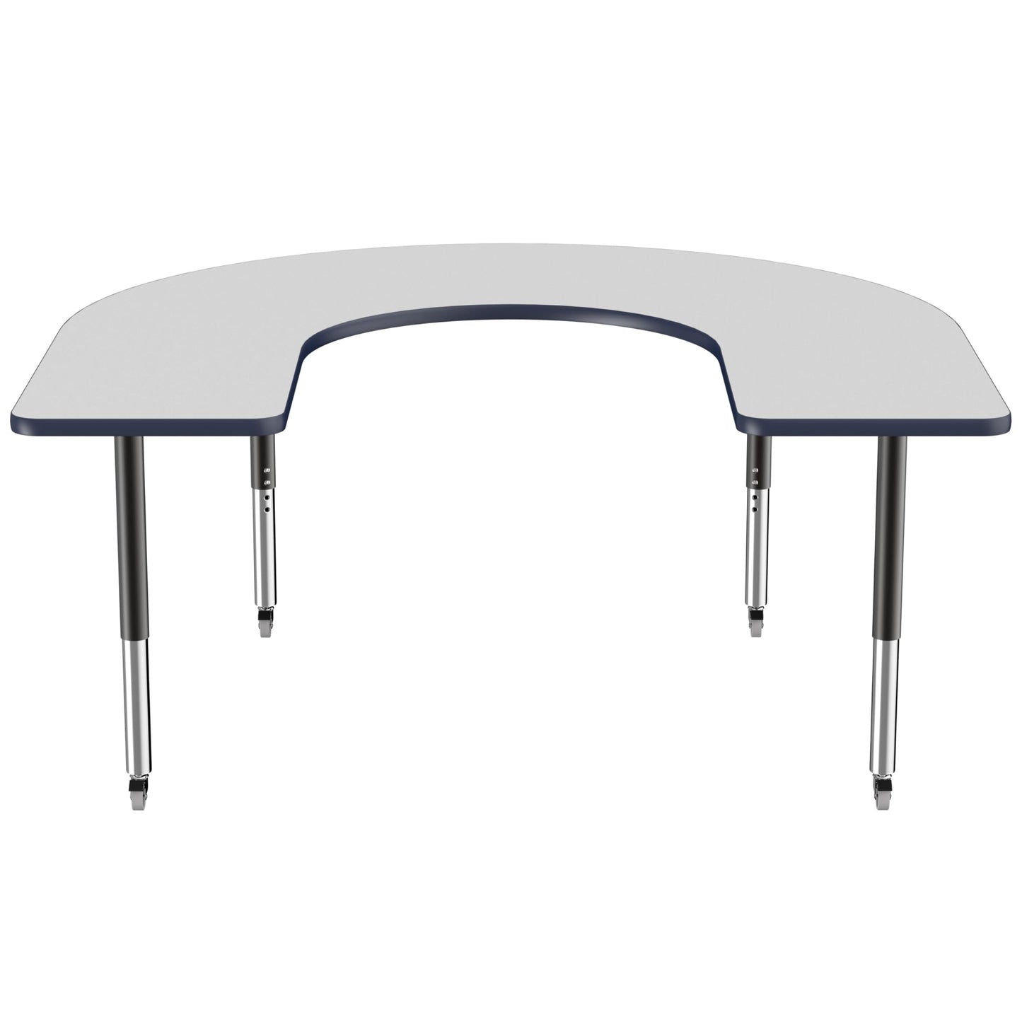 FDP Mobile Horseshoe Activity School and Office Table (60 x 66 inch), Super Legs with Glides and Casters for Collaborative Environments, Adjustable Height 19-30 inches - Gray Top and Navy Edge