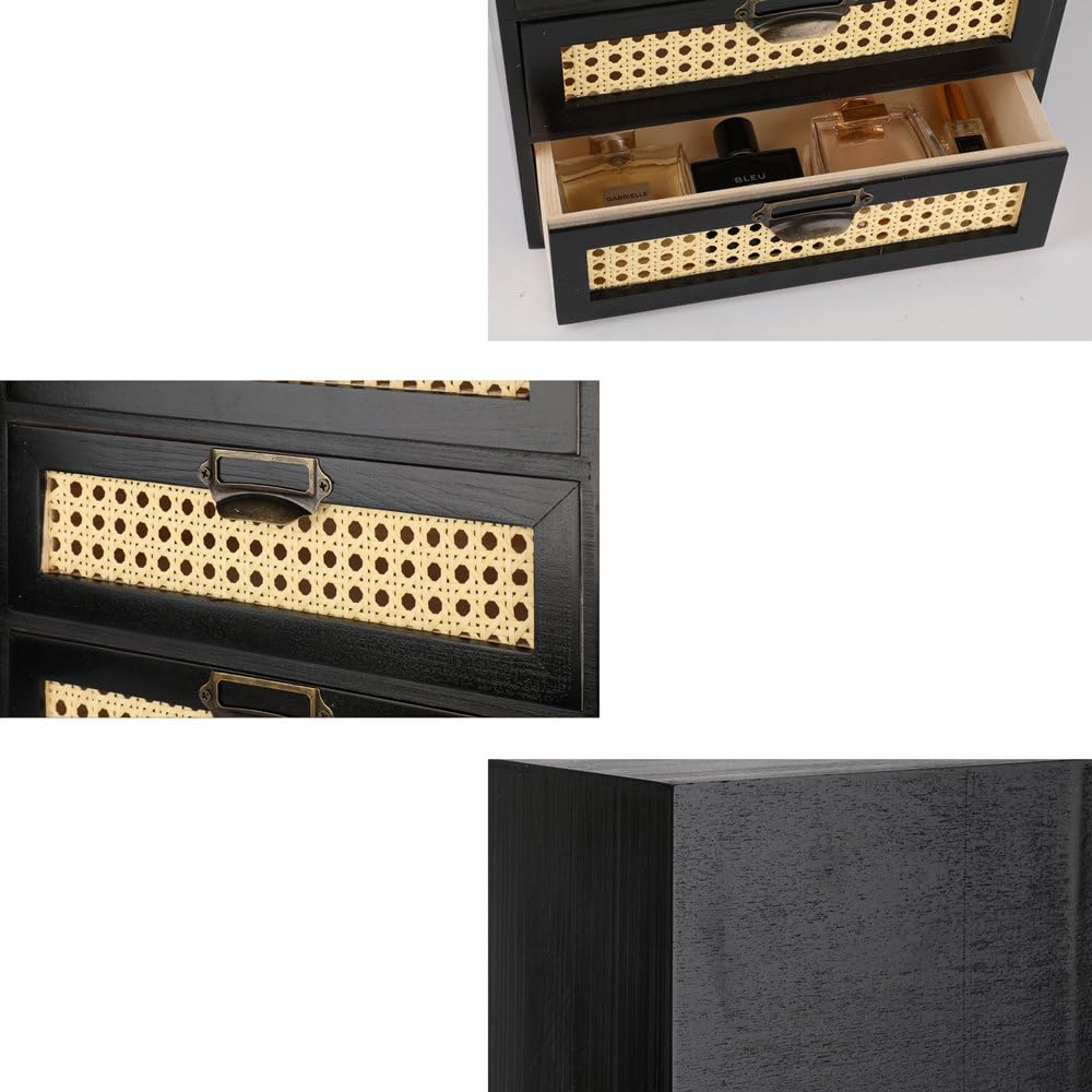 GoooodGIFT Large Wooden Drawer BoHo Desk Organizers Wooden Storage Dox with Drawers Rattan Paper Storage Drawer Wood File Organizer Library Card Catalog Cabinet Apothecary Cabinet (L-BLACK)