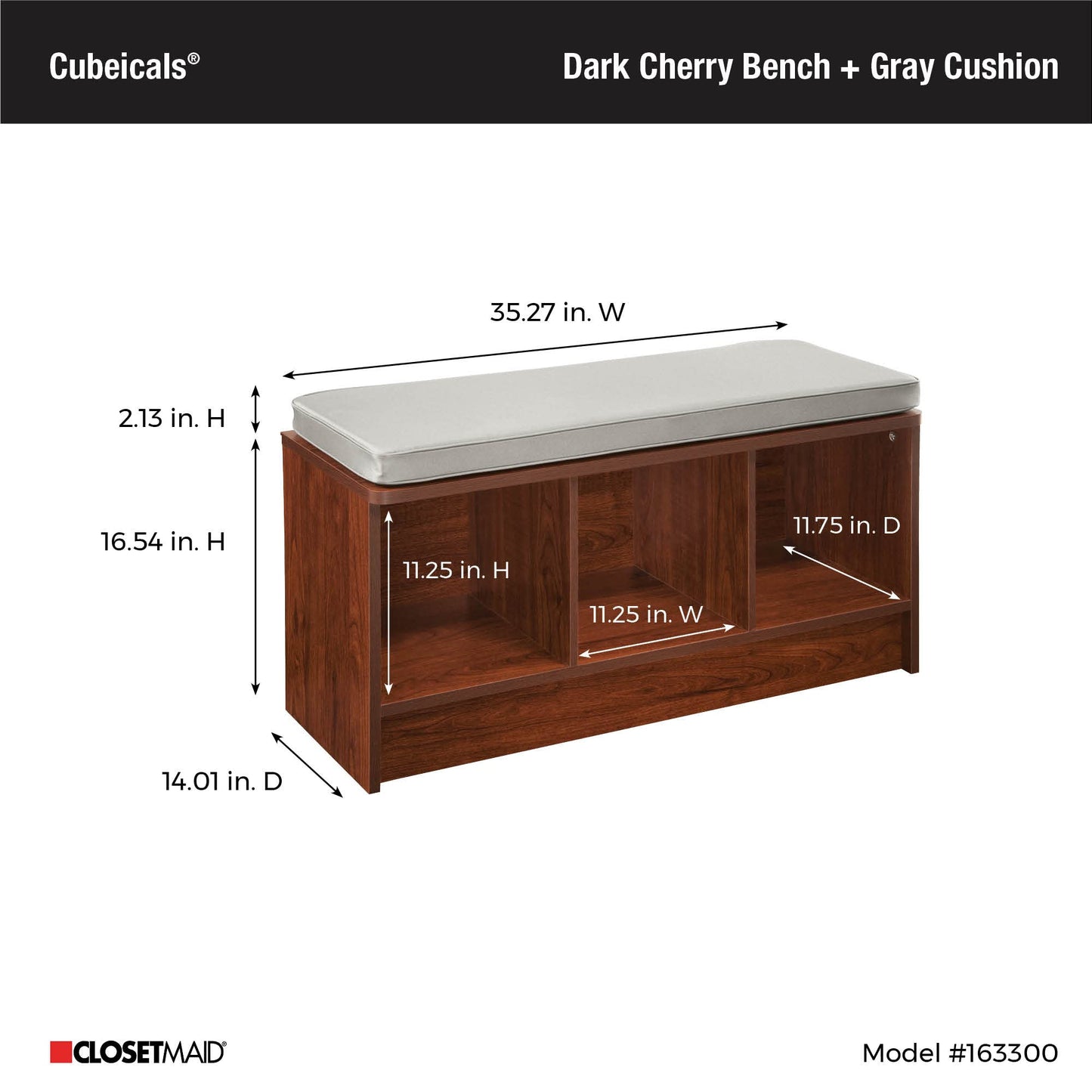 ClosetMaid 1633 Cubeicals 3-Cube Storage Bench, Dark Cherry with Gray Cushion