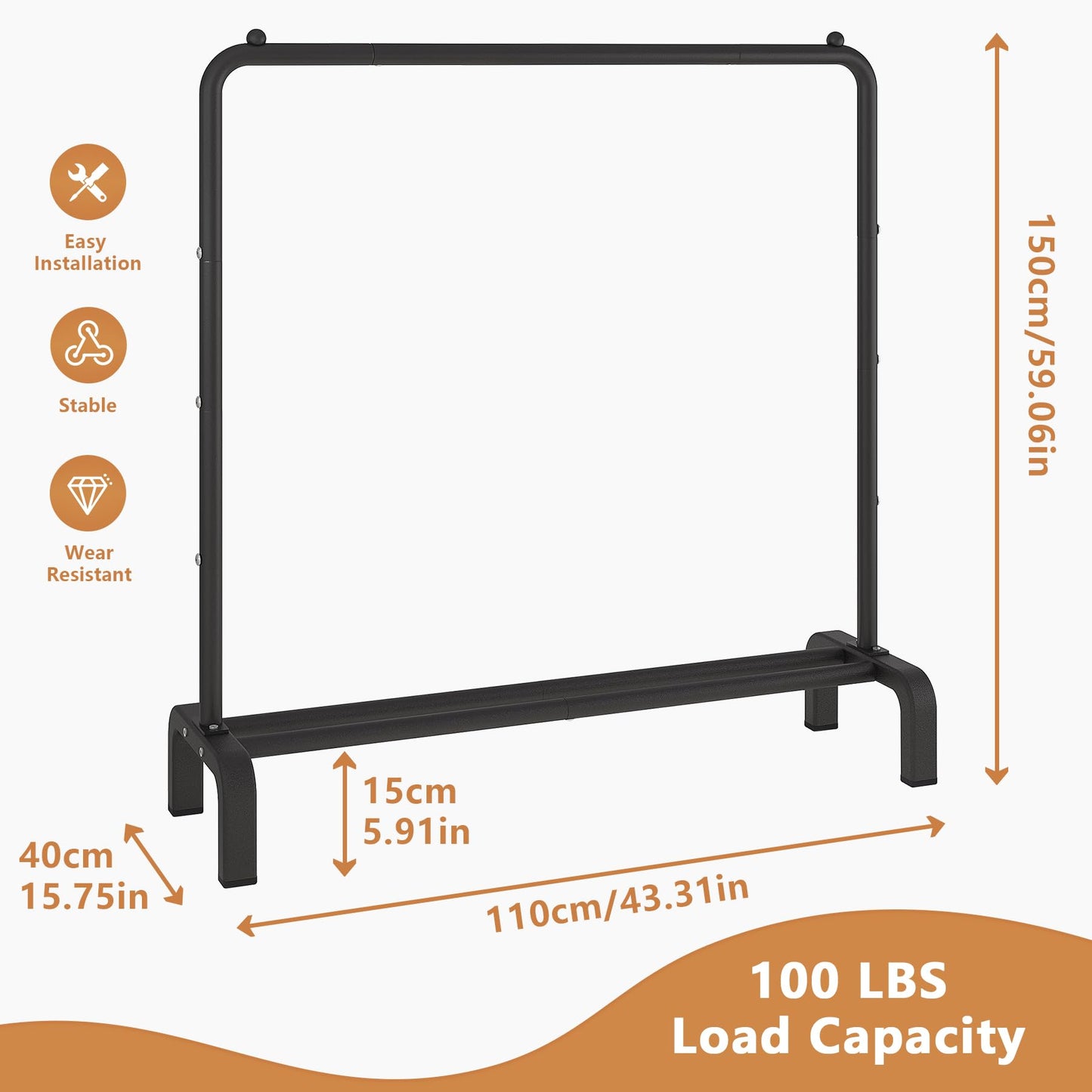 JIUYOTREE Metal Clothing Rack, 43.3 Inches Garment Rack with Bottom Shelf for Hanging Clothes, Coats, Skirts, Shirts, Sweaters, Black
