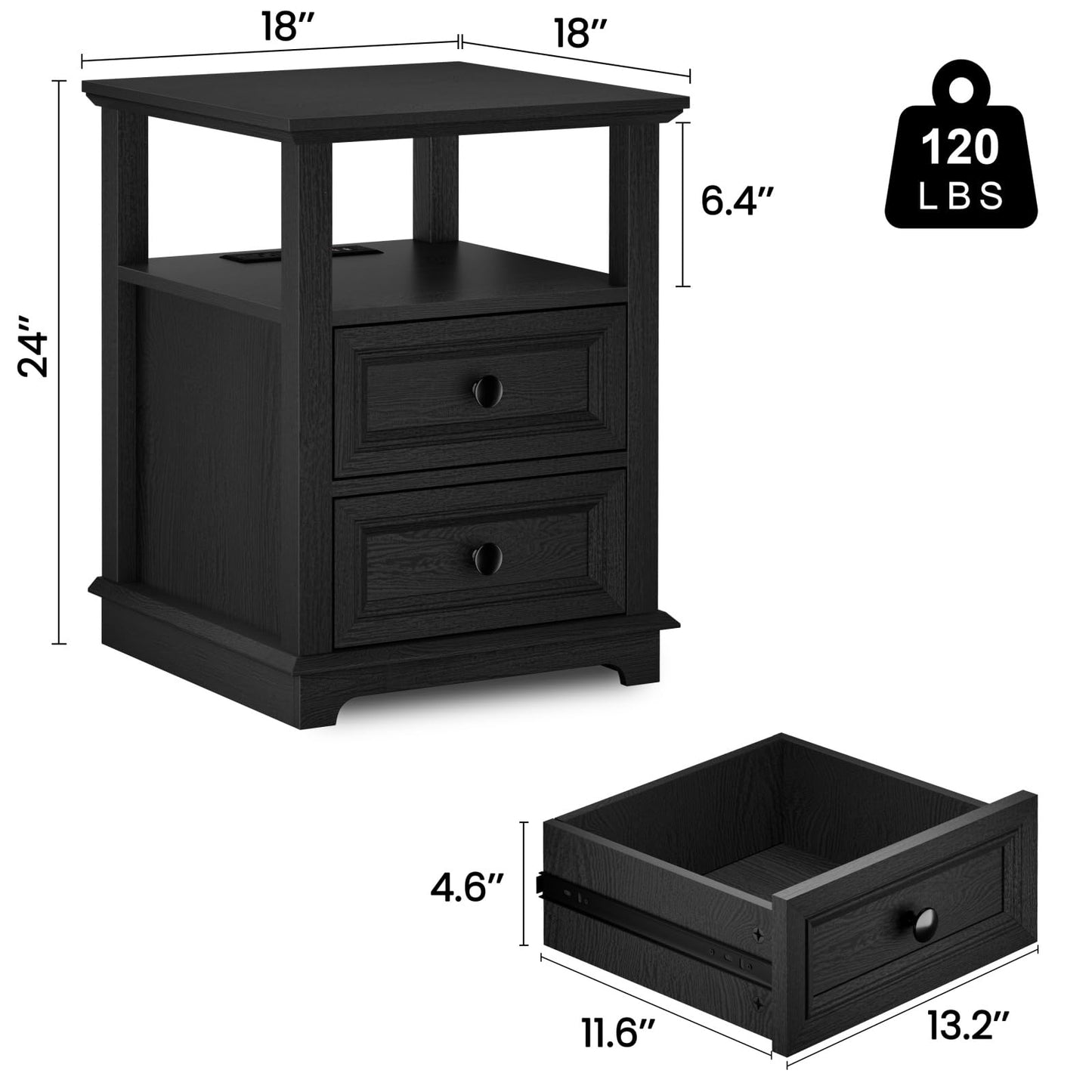 REDAYFUR End Table with Fast USB C Charging Station,18" Wide Sofa Side Table with 2 Drawers, Large Storage Rustic Wood Square Storage Cabinet for Living Room, Bedroom, Office, Black