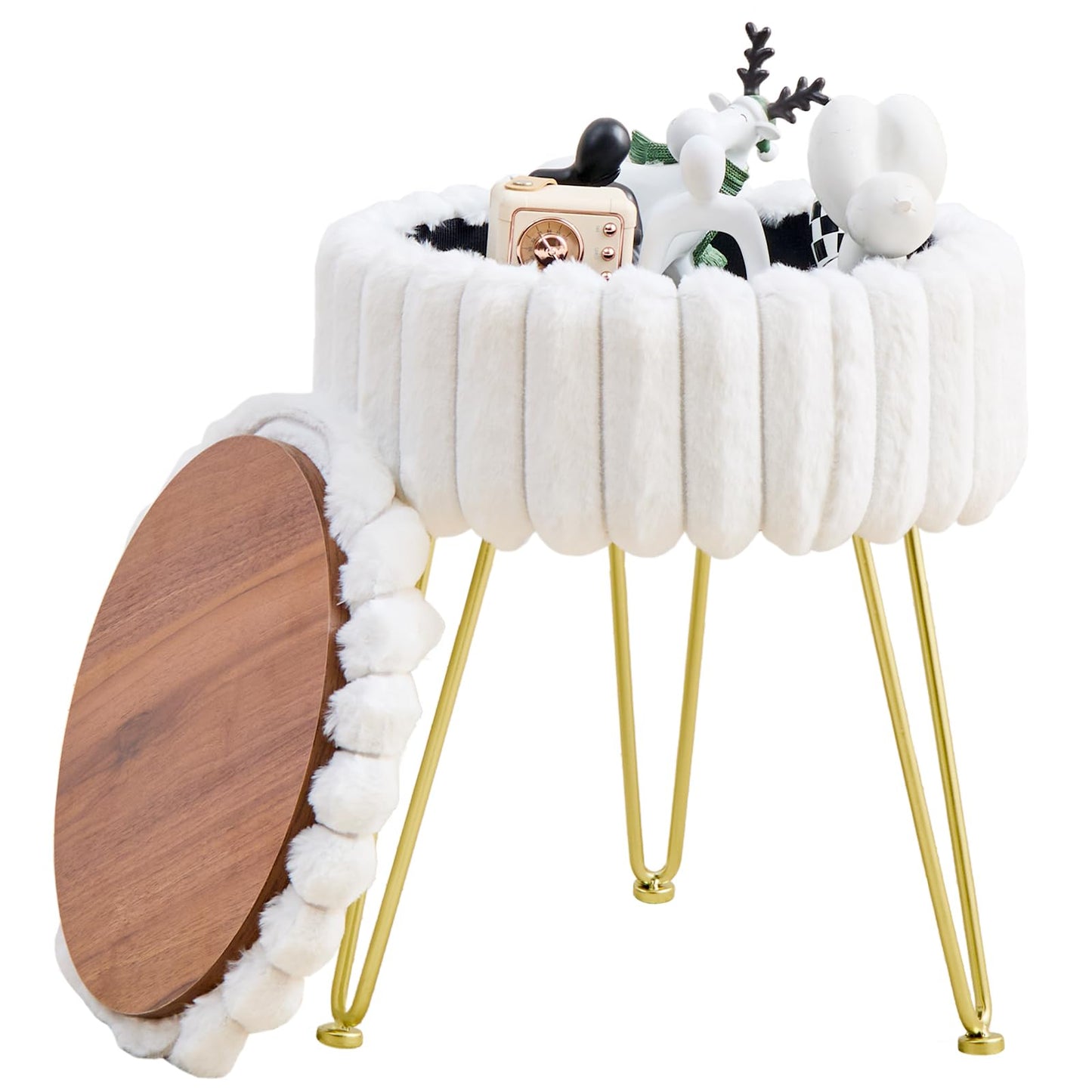 Wimarsbon Vanity Stool with Storage, Faux Fur Ottoman Chair with Metal Legs, Round Makeup Vanity Chair for Bedroom or Dressing Table, Modern Small Ottoman Seat (White)