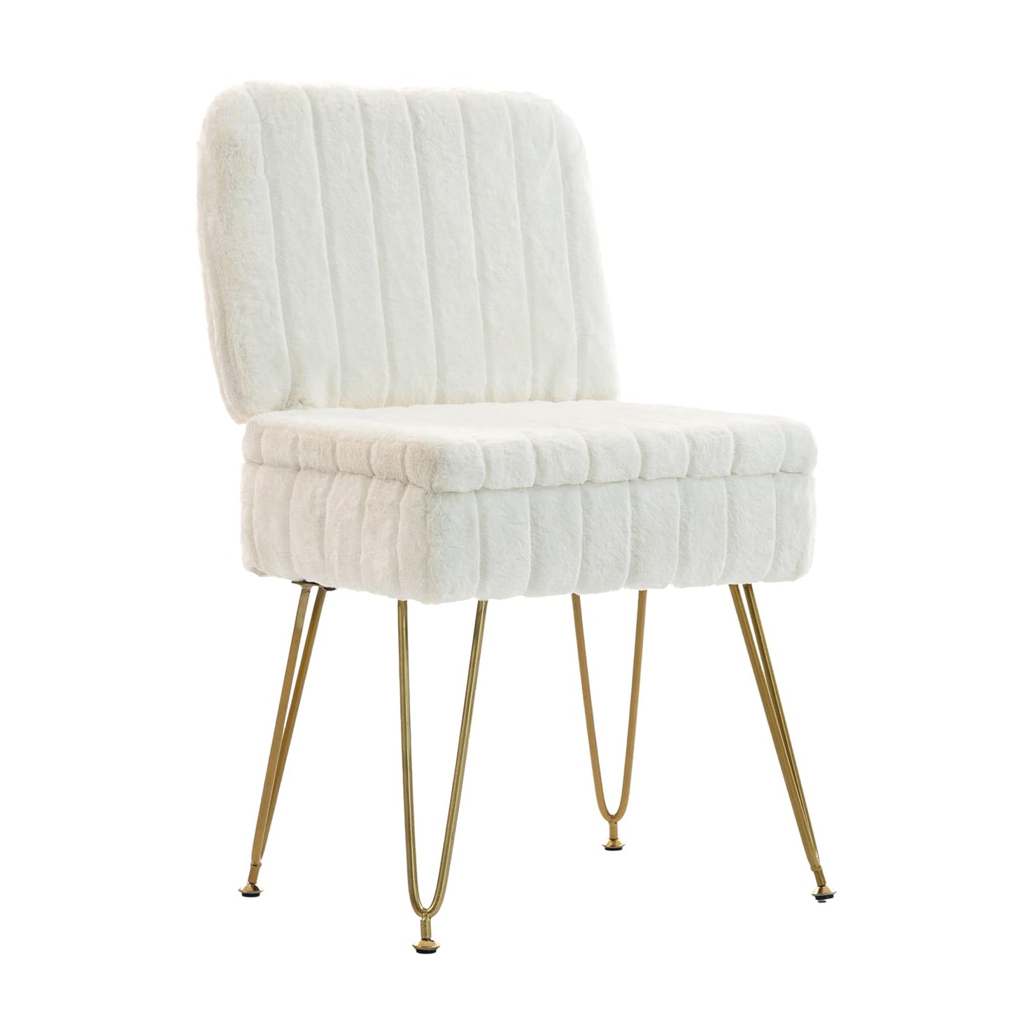 Manyday Vanity Chair with Storage, Comfy Ottoman with Folding Back, Faux Fur Vanity Stool with 4 Metal Legs for Make Up, Furry Padded Seat with Anti-Slip Feet for Bedroom Dressing Room