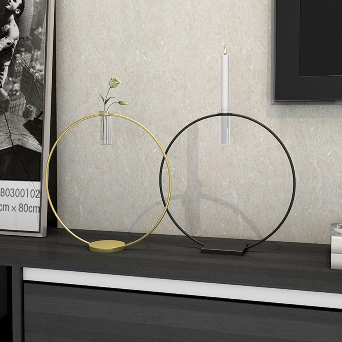 CONGARTENO Metal Candleholder Round Black Base 9x28x29cm, Decorative Metal Candlestick for Home Décor and Flower Arrangements, Household Candle Stand Centerpiece