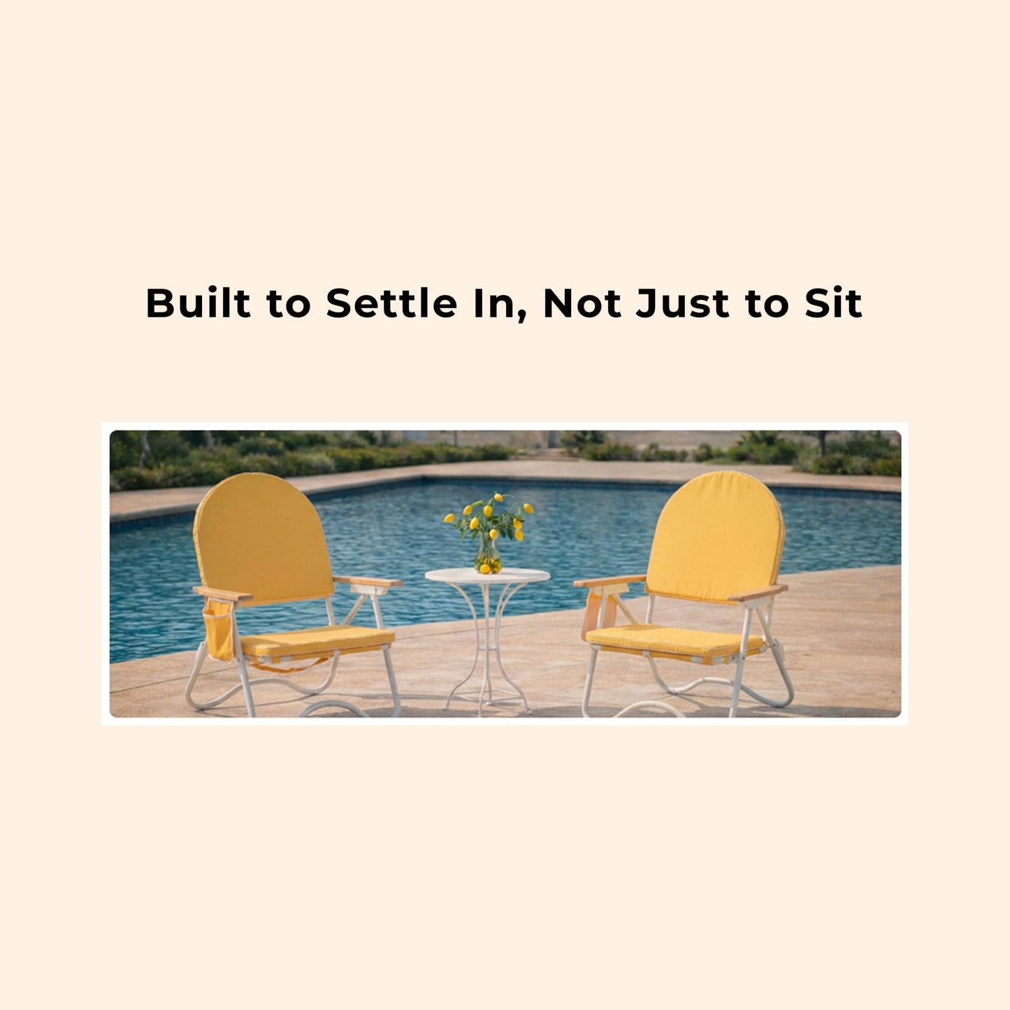 DEER LAND Padded Low Beach Chair, 4-Position Folding Outdoor Chair with Wooden Armrests, Cushioned Seat, Storage Pouch & Carry Strap for Beach, Patio and Lawn, Harbour Mimosa
