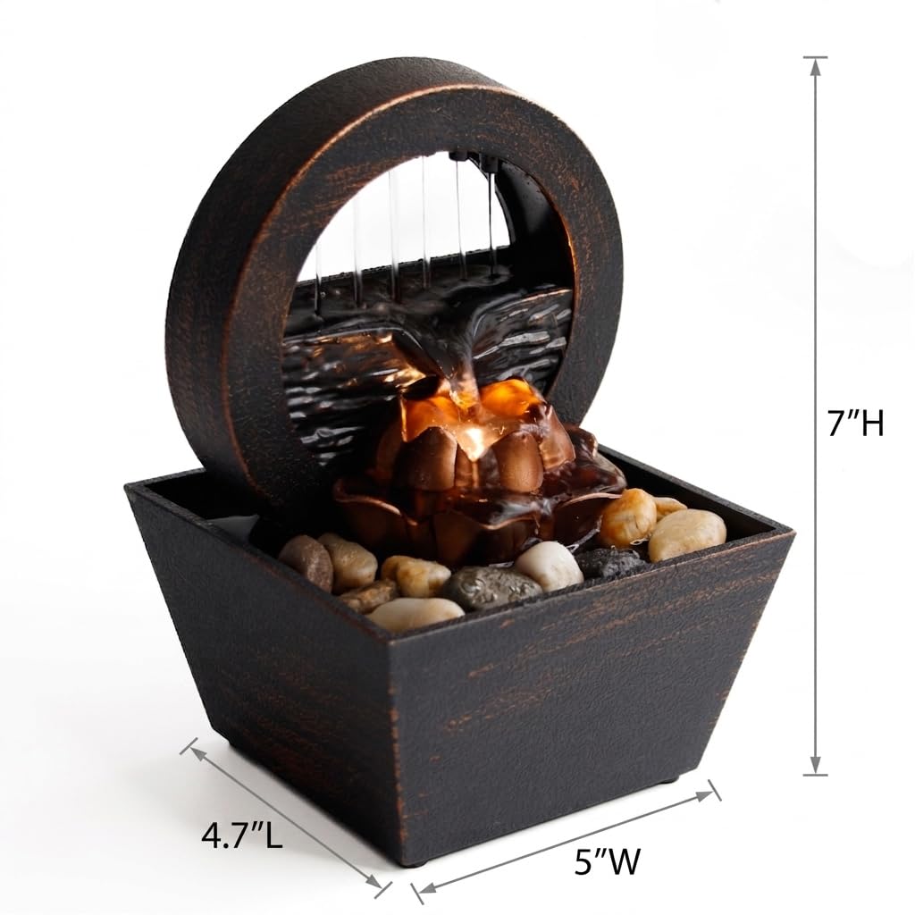 USB Tabletop Water Fountain with Warm Yellow LED – Compact Indoor Fountain with Real River Stones – Quiet Desktop Waterfall for Office, Bedroom, Yoga, Meditation – Bronze