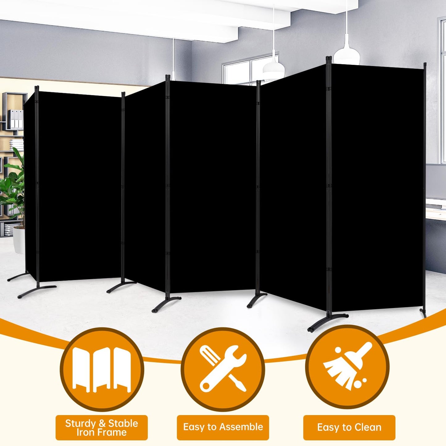 CHOSENM 6 Panel Folding Privacy Screens, 6 FT Tall Wall Divider with Metal Frame, Freestanding Room Divider for Office Bedroom Study (6 Panel, Black)
